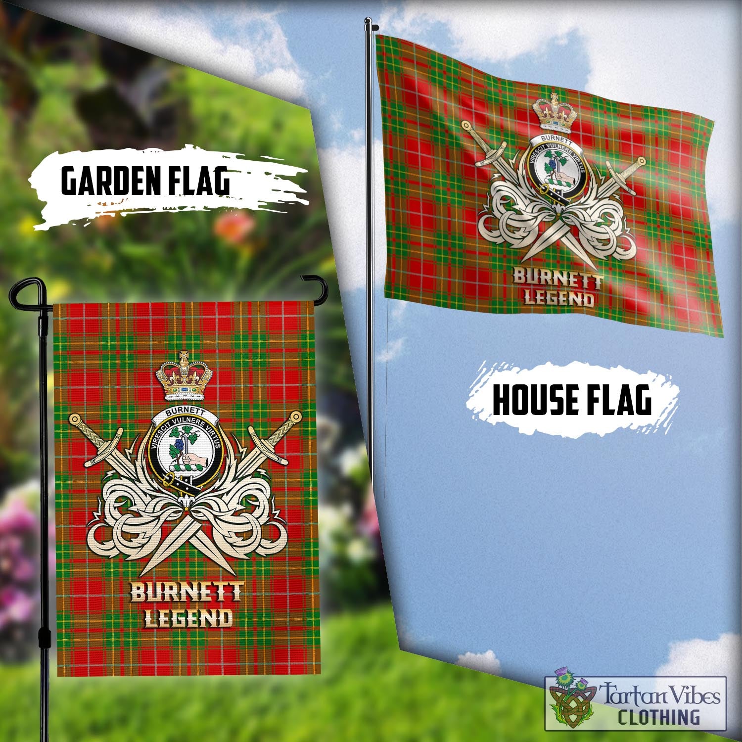 Tartan Vibes Clothing Burnett Ancient Tartan Flag with Clan Crest and the Golden Sword of Courageous Legacy