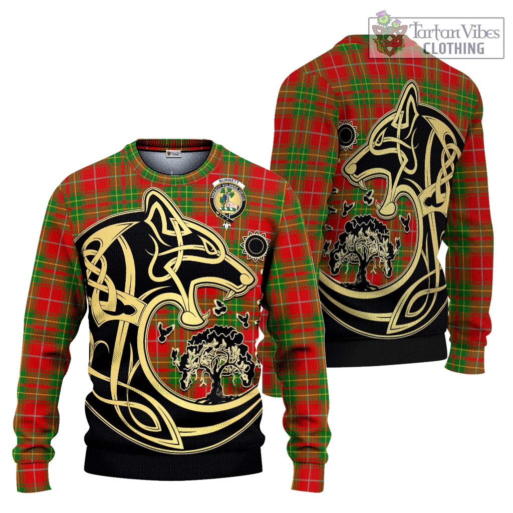 Tartan Vibes Clothing Burnett Ancient Tartan Knitted Sweater with Family Crest Celtic Wolf Style