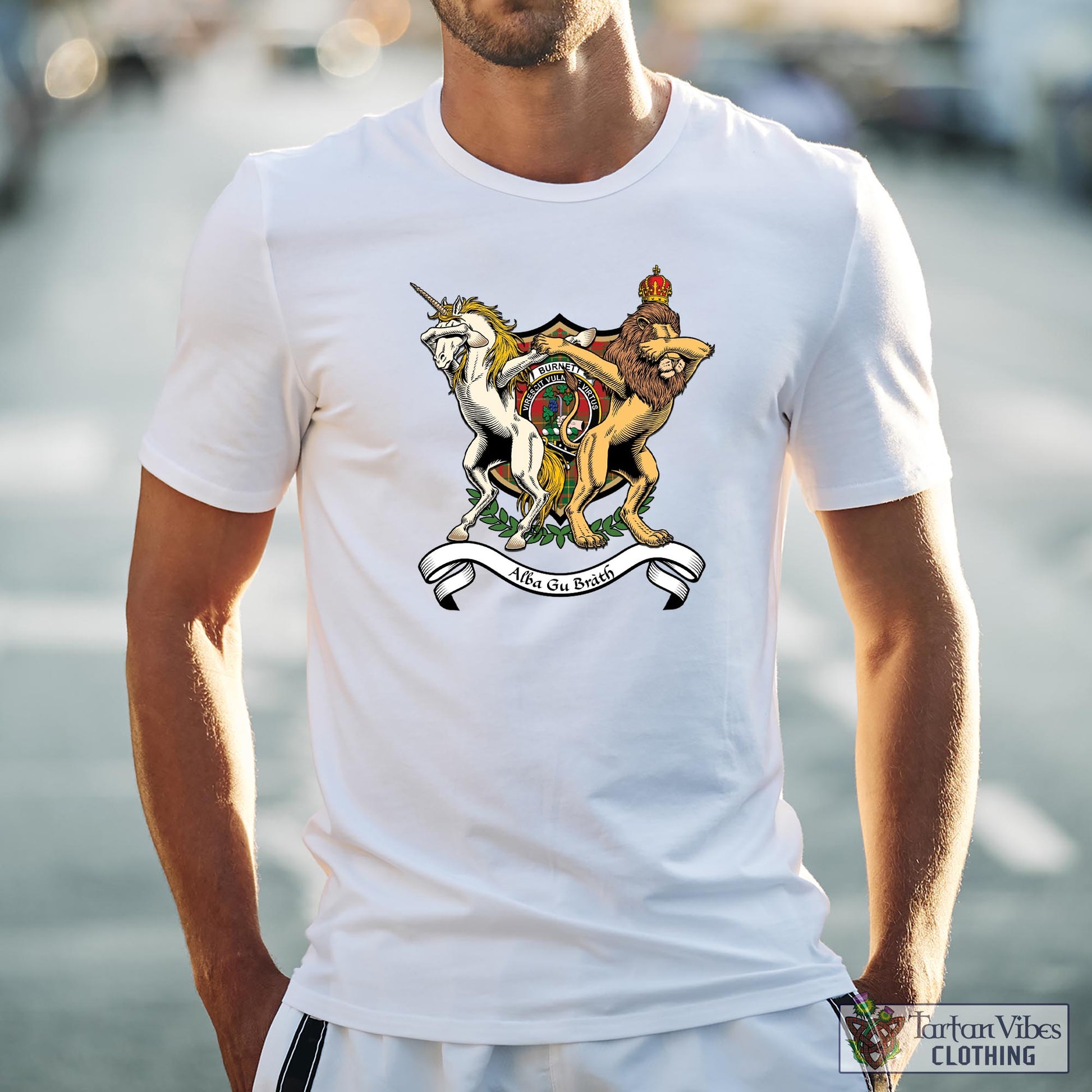 Tartan Vibes Clothing Burnett Ancient Family Crest Cotton Men's T-Shirt with Scotland Royal Coat Of Arm Funny Style