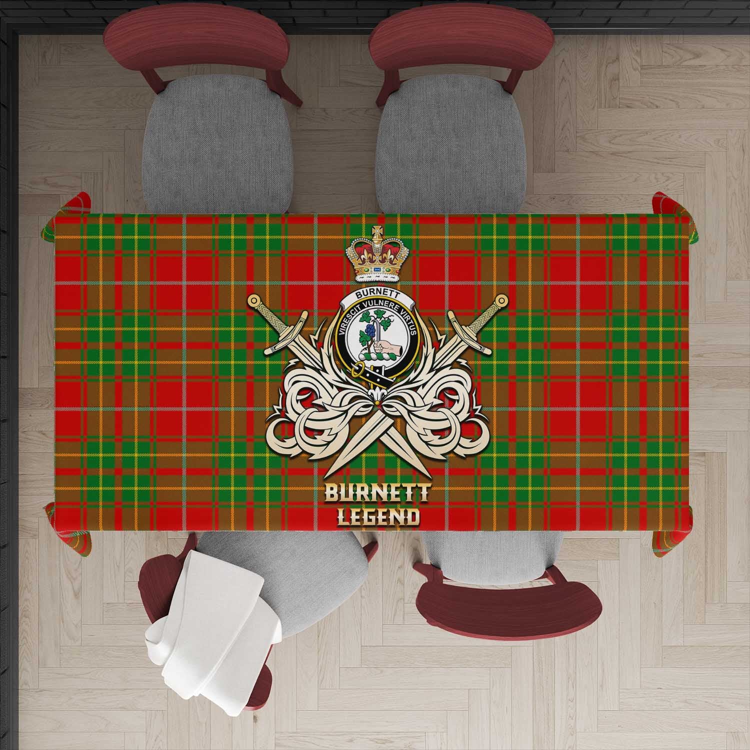 Tartan Vibes Clothing Burnett Ancient Tartan Tablecloth with Clan Crest and the Golden Sword of Courageous Legacy