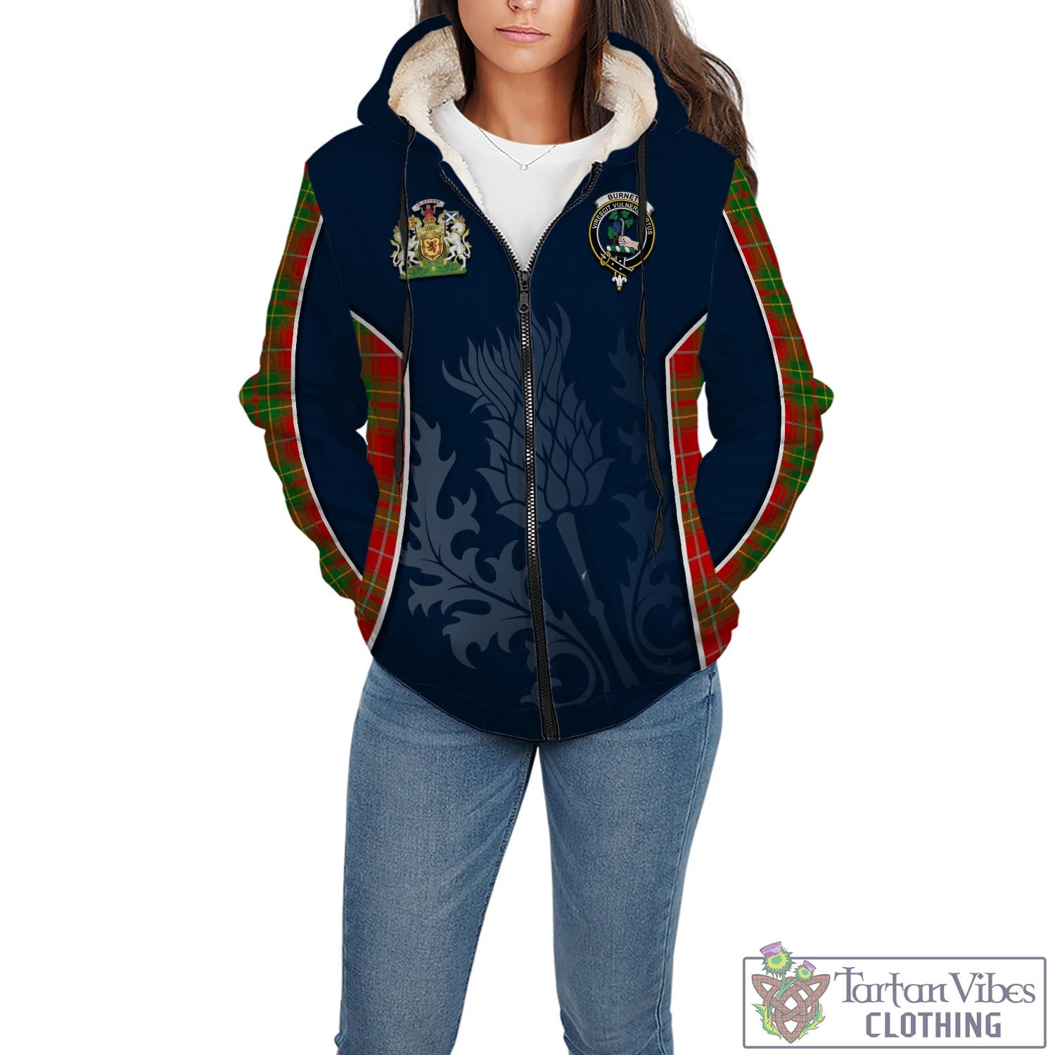 Tartan Vibes Clothing Burnett Ancient Tartan Sherpa Hoodie with Family Crest and Scottish Thistle Vibes Sport Style