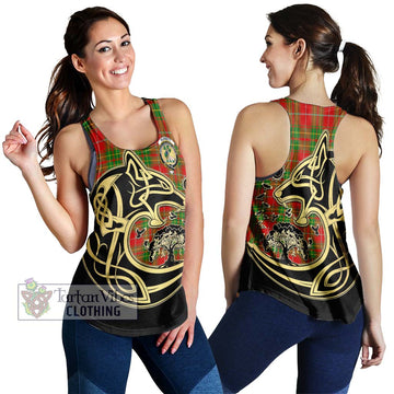 Burnett Tartan Women's Racerback Tanks with Family Crest Celtic Wolf Style