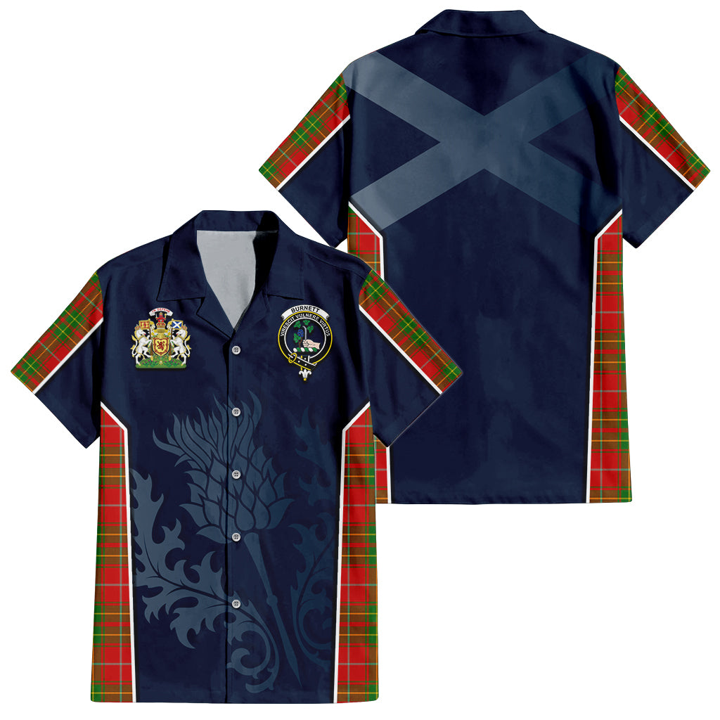 Tartan Vibes Clothing Burnett Ancient Tartan Short Sleeve Button Up Shirt with Family Crest and Scottish Thistle Vibes Sport Style