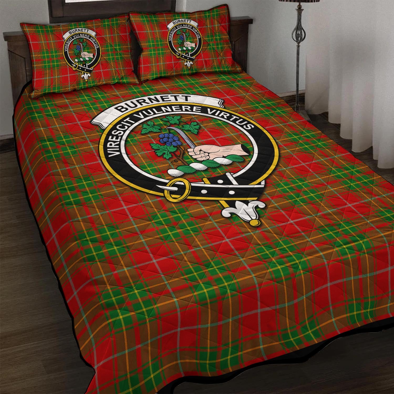 Burnett Ancient Tartan Quilt Bed Set with Family Crest - Tartanvibesclothing