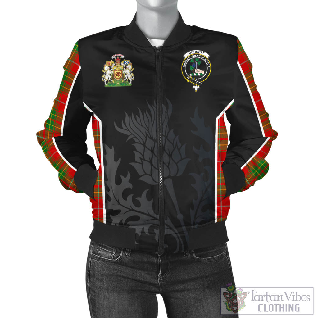 Tartan Vibes Clothing Burnett Ancient Tartan Bomber Jacket with Family Crest and Scottish Thistle Vibes Sport Style