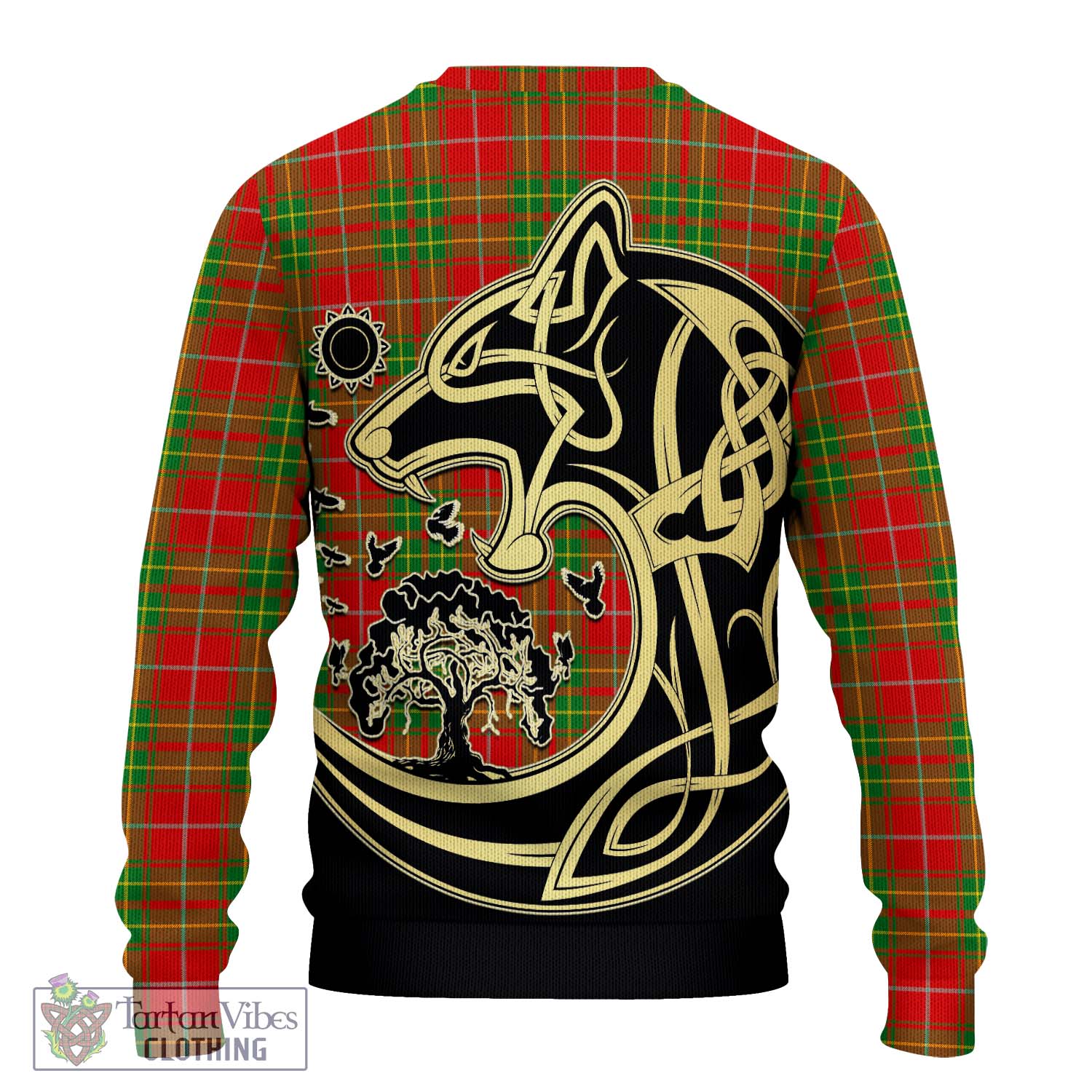 Tartan Vibes Clothing Burnett Ancient Tartan Knitted Sweater with Family Crest Celtic Wolf Style