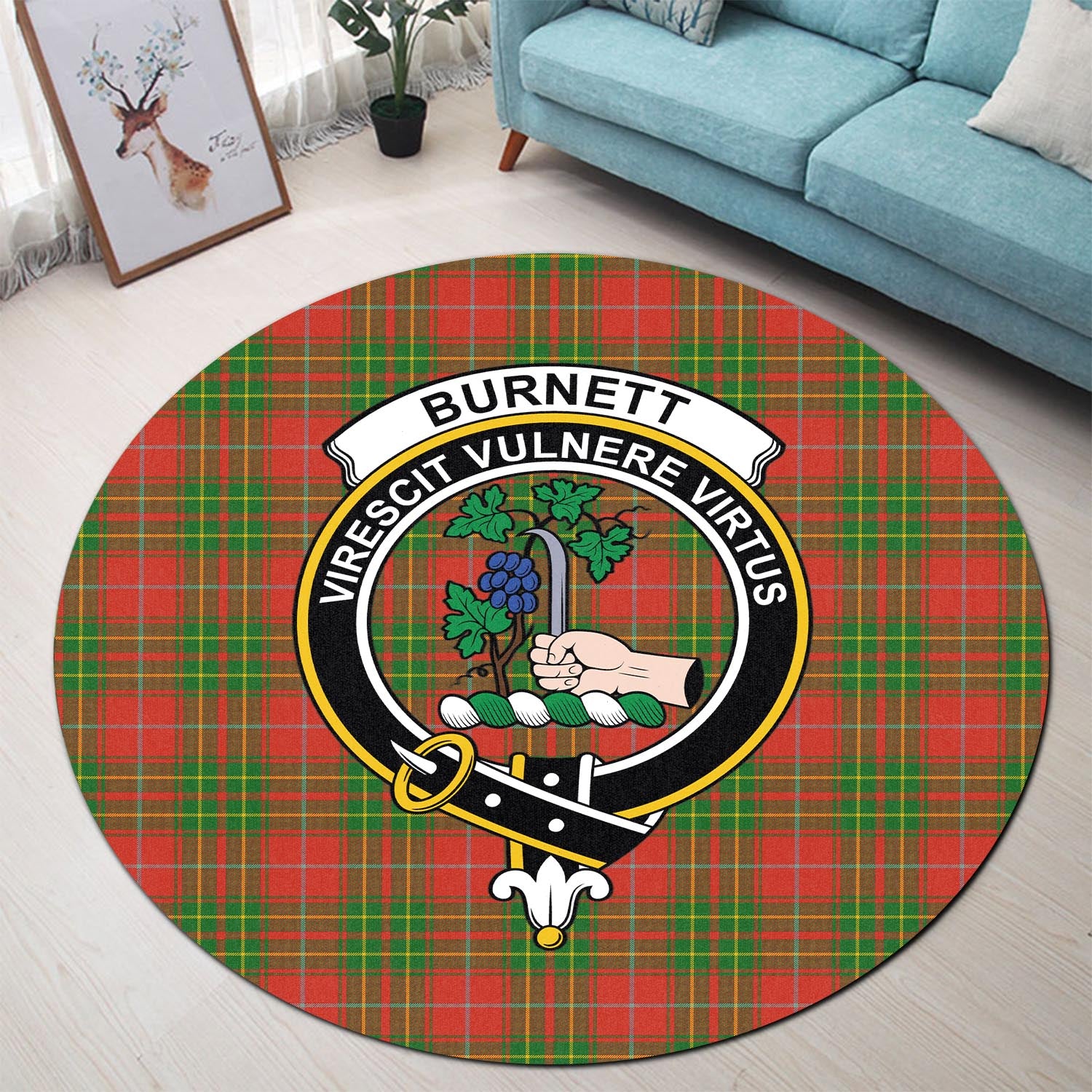 Burnett Ancient Tartan Round Rug with Family Crest - Tartanvibesclothing