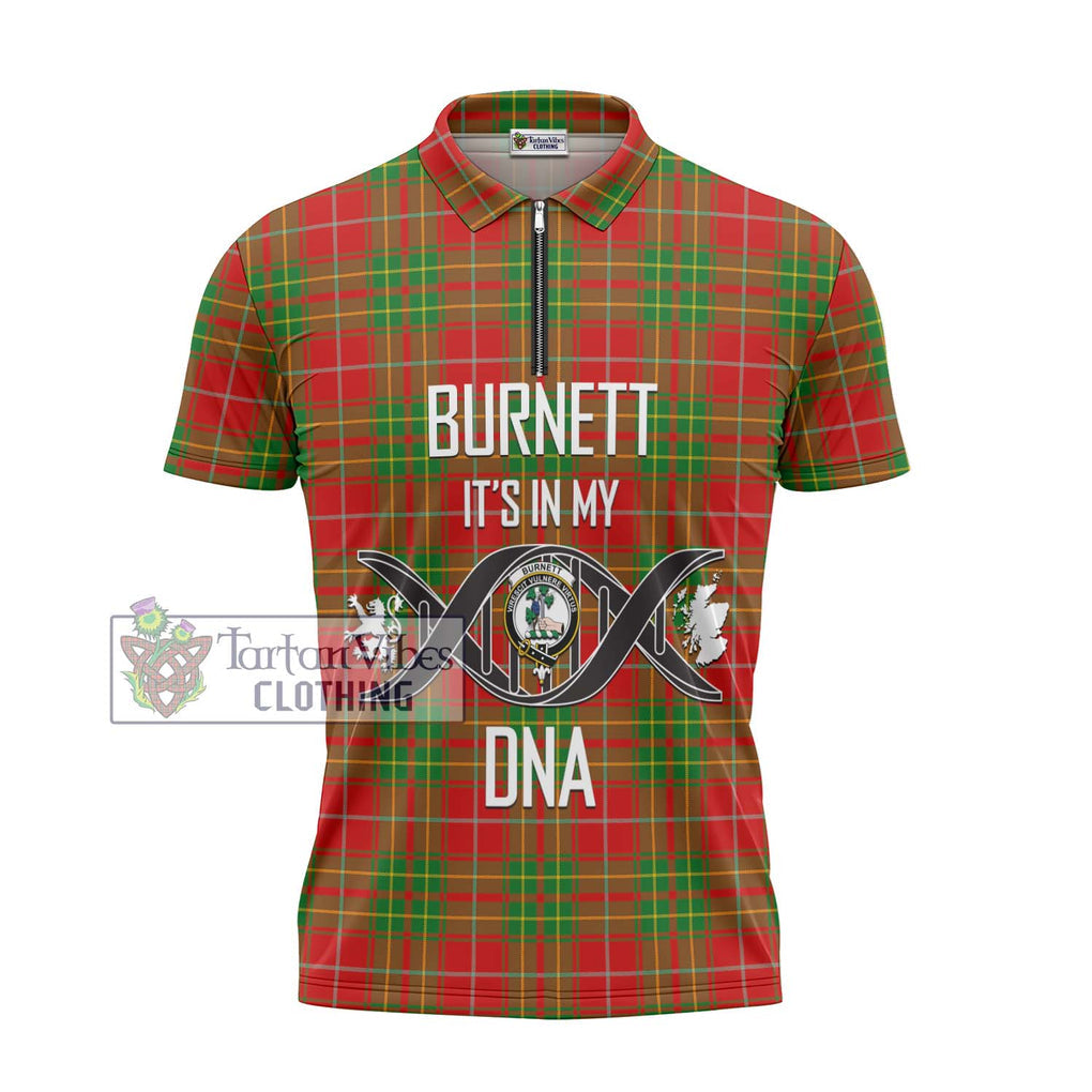 Burnett Tartan Zipper Polo Shirt with Family Crest DNA In Me Style - Tartanvibesclothing Shop