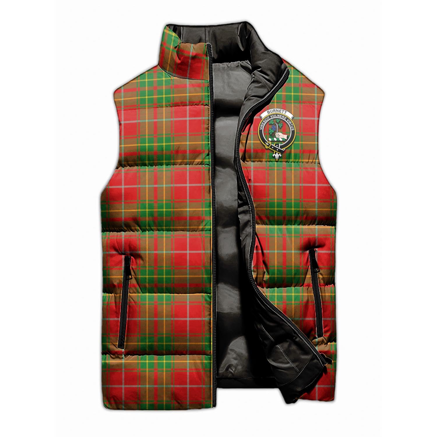 Burnett Ancient Tartan Sleeveless Puffer Jacket with Family Crest - Tartanvibesclothing