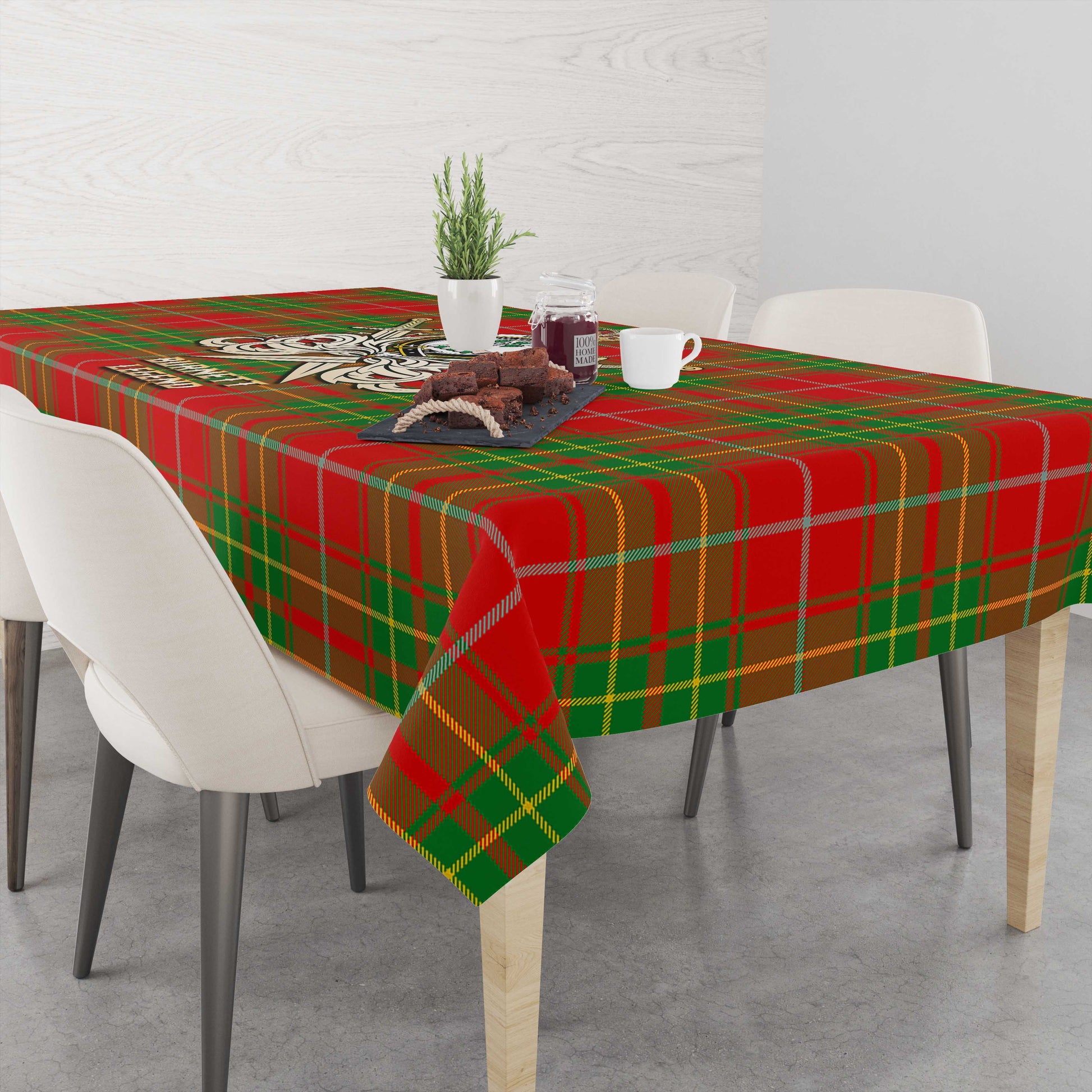 Tartan Vibes Clothing Burnett Ancient Tartan Tablecloth with Clan Crest and the Golden Sword of Courageous Legacy