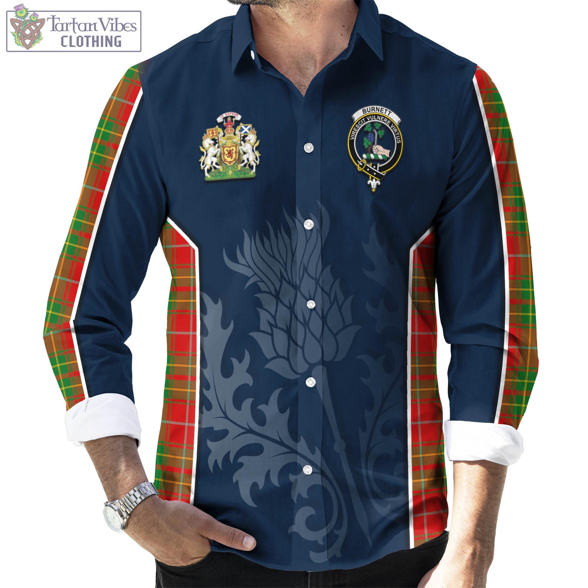 Tartan Vibes Clothing Burnett Ancient Tartan Long Sleeve Button Up Shirt with Family Crest and Scottish Thistle Vibes Sport Style