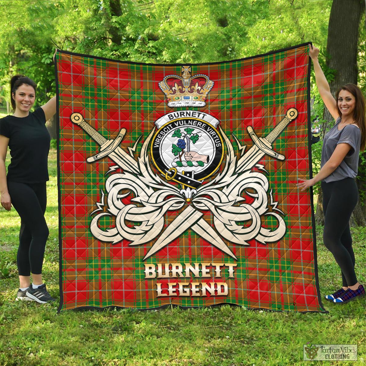 Tartan Vibes Clothing Burnett Ancient Tartan Quilt with Clan Crest and the Golden Sword of Courageous Legacy