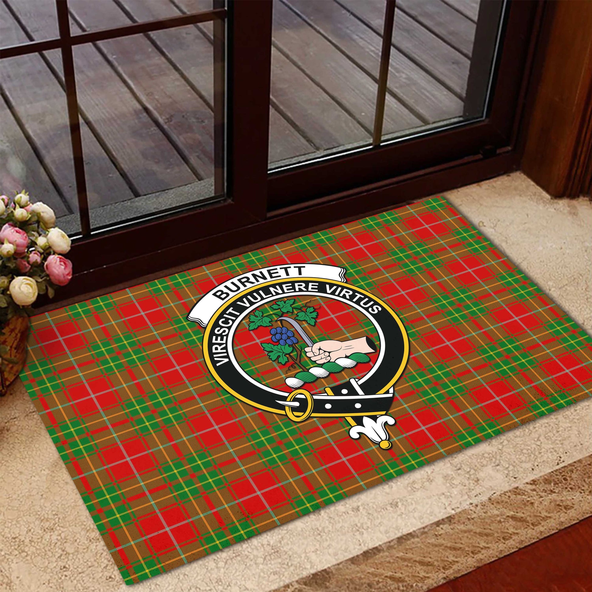 Burnett Ancient Tartan Door Mat with Family Crest - Tartanvibesclothing