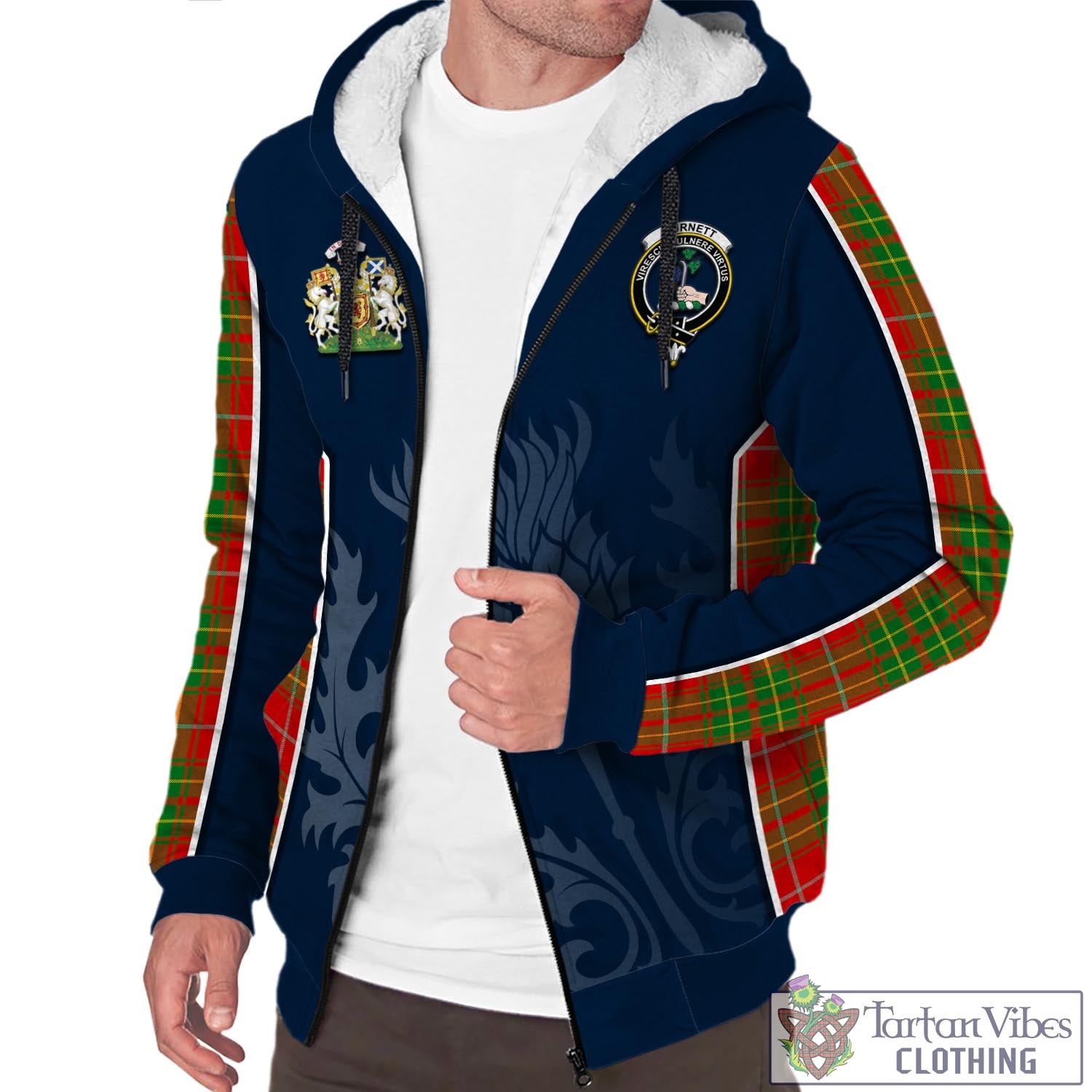 Tartan Vibes Clothing Burnett Ancient Tartan Sherpa Hoodie with Family Crest and Scottish Thistle Vibes Sport Style