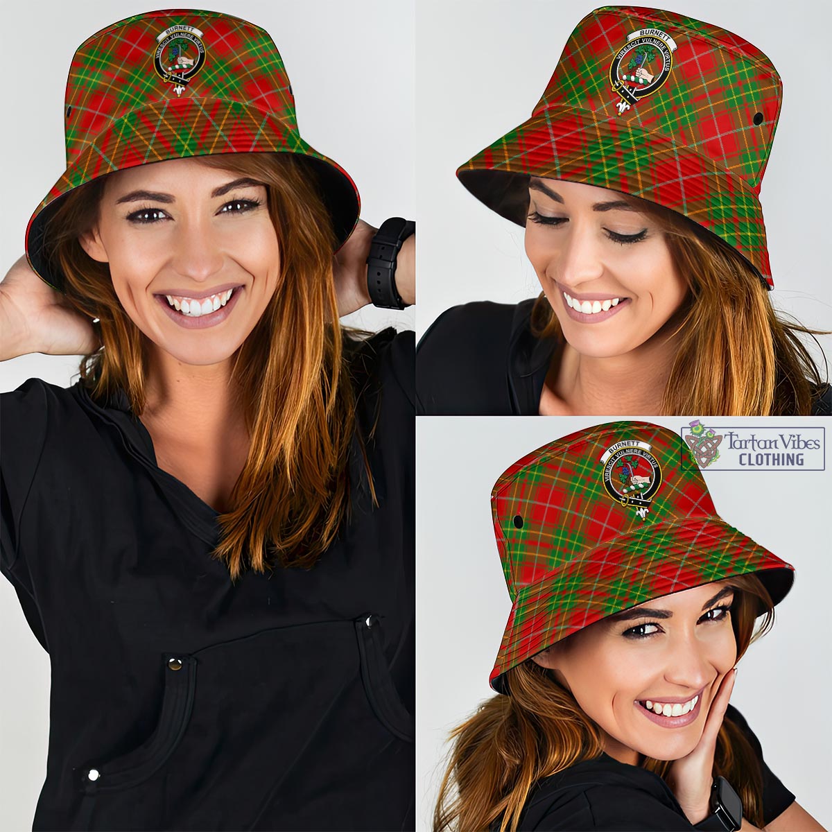 Tartan Vibes Clothing Burnett Ancient Tartan Bucket Hat with Family Crest