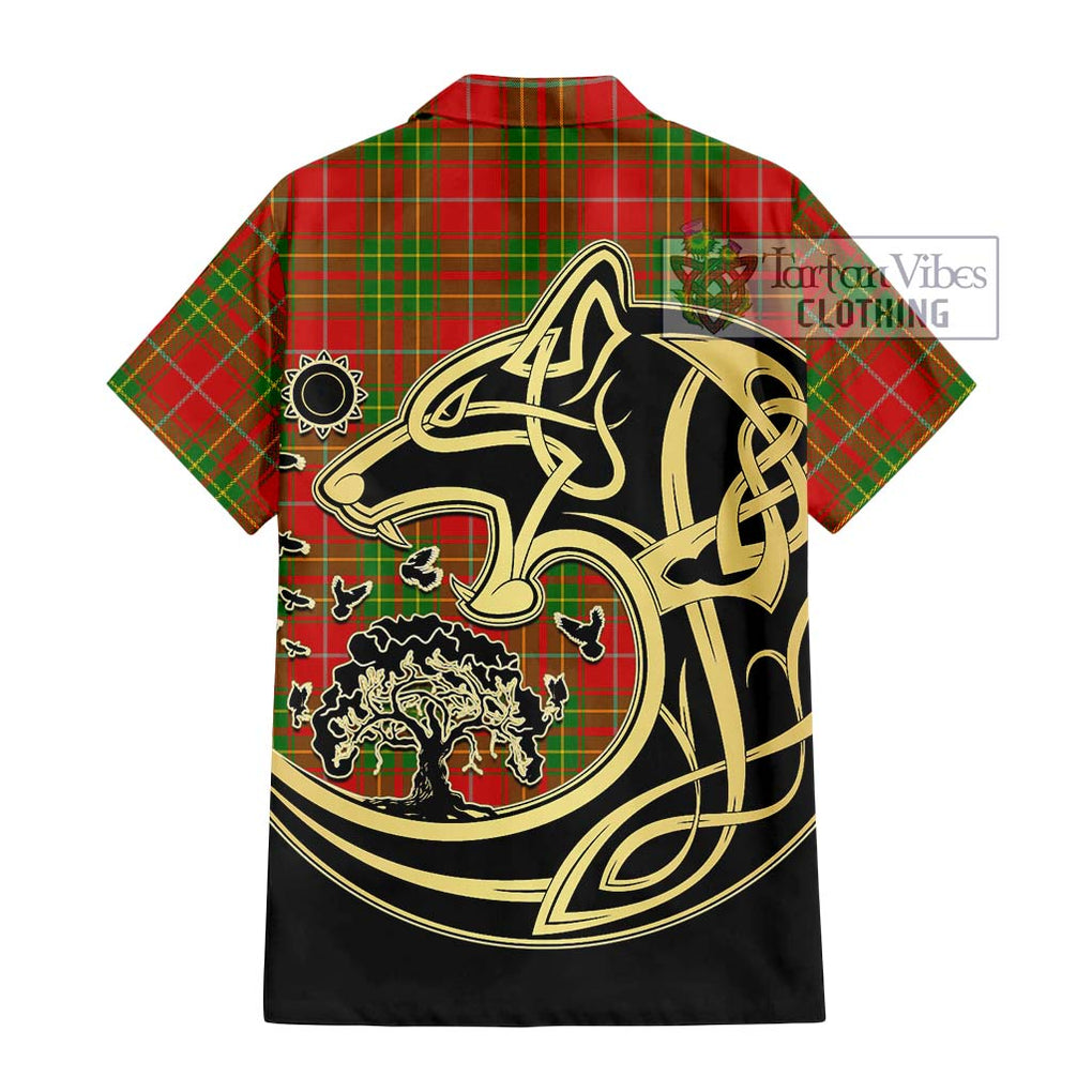 Burnett Tartan Short Sleeve Button Shirt with Family Crest Celtic Wolf Style - Tartan Vibes Clothing