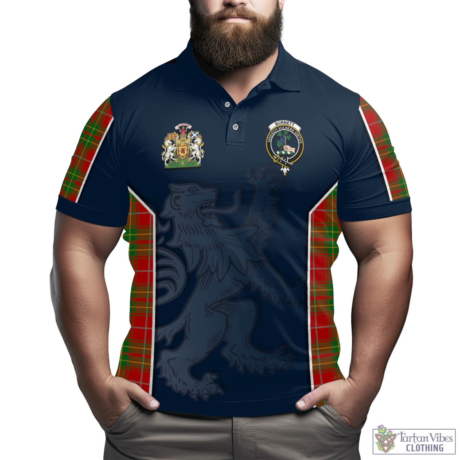 Tartan Vibes Clothing Burnett Ancient Tartan Men's Polo Shirt with Family Crest and Lion Rampant Vibes Sport Style