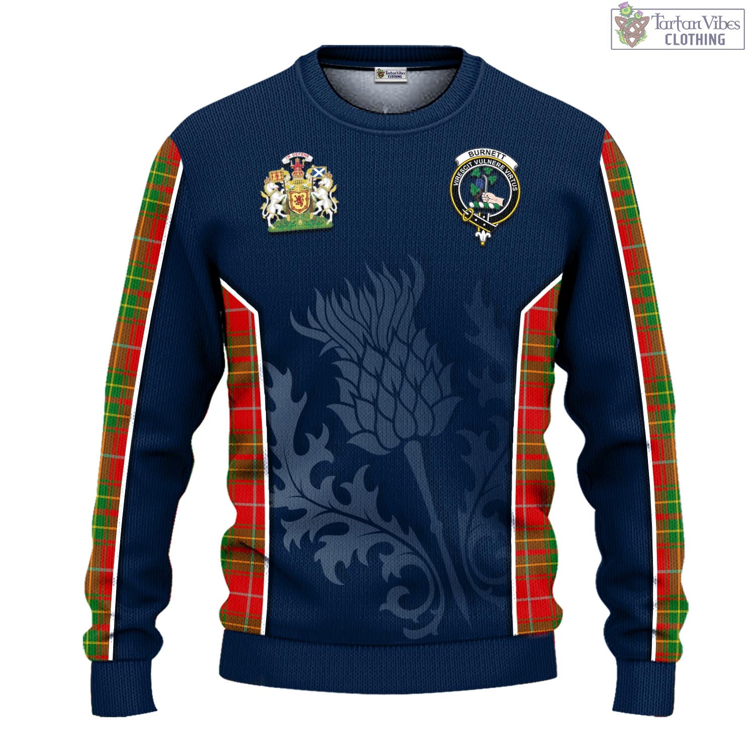 Tartan Vibes Clothing Burnett Ancient Tartan Knitted Sweatshirt with Family Crest and Scottish Thistle Vibes Sport Style