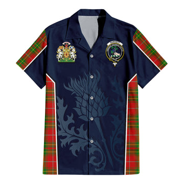 Burnett Ancient Tartan Short Sleeve Button Up Shirt with Family Crest and Scottish Thistle Vibes Sport Style