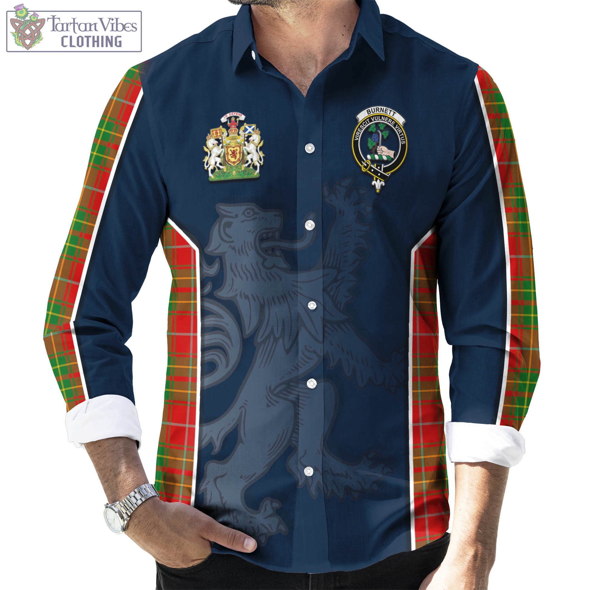 Tartan Vibes Clothing Burnett Ancient Tartan Long Sleeve Button Up Shirt with Family Crest and Lion Rampant Vibes Sport Style