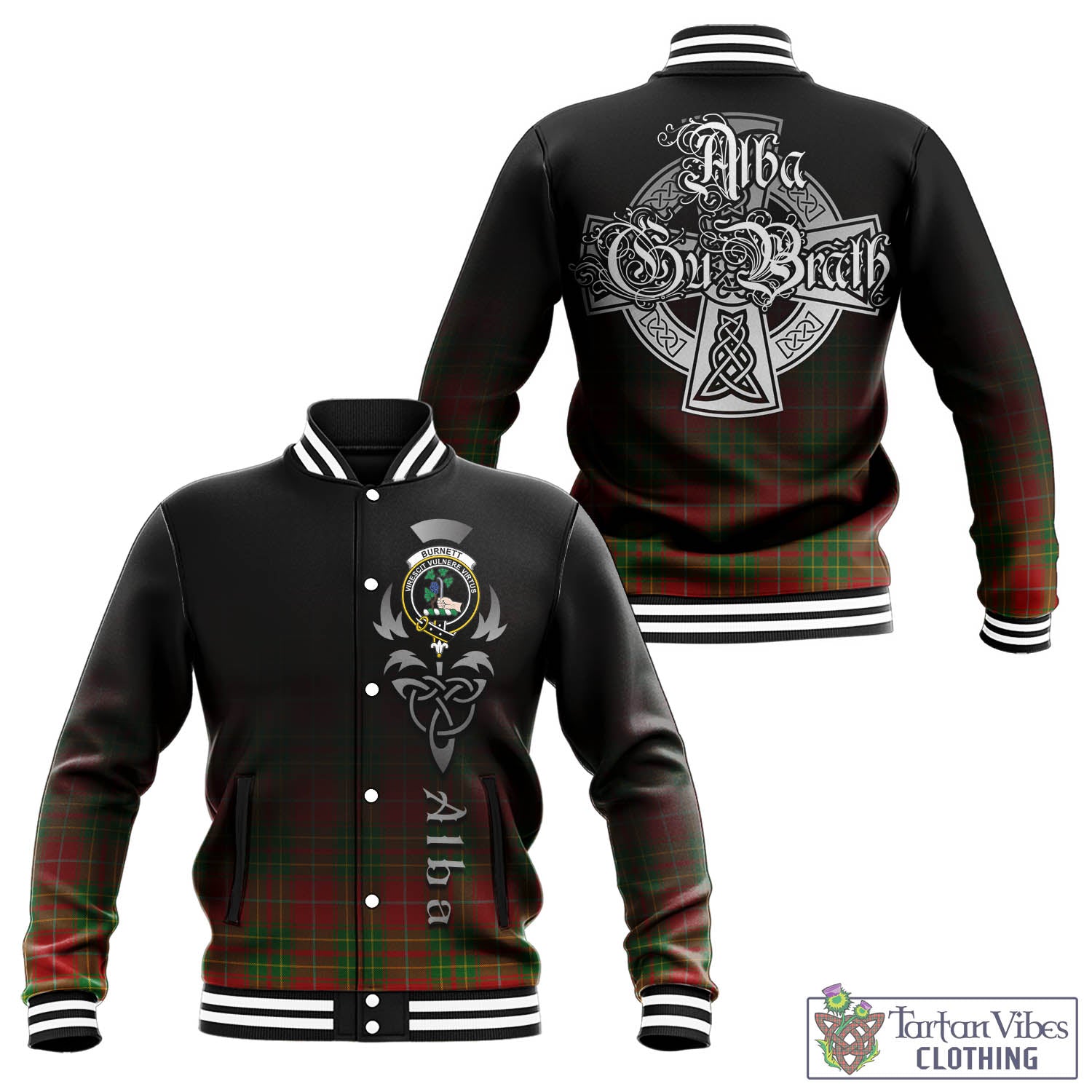 Tartan Vibes Clothing Burnett Ancient Tartan Baseball Jacket Featuring Alba Gu Brath Family Crest Celtic Inspired