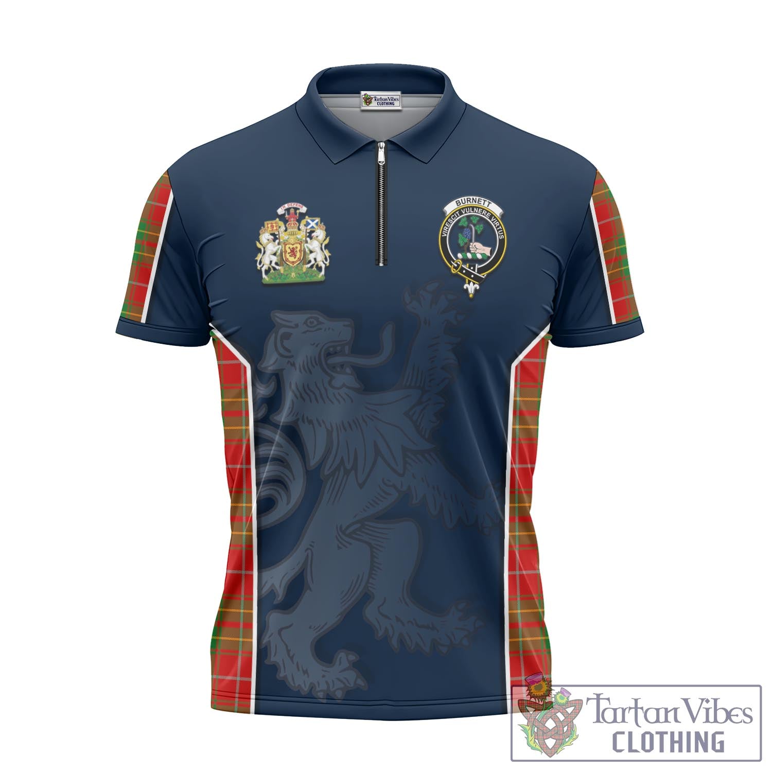 Tartan Vibes Clothing Burnett Ancient Tartan Zipper Polo Shirt with Family Crest and Lion Rampant Vibes Sport Style