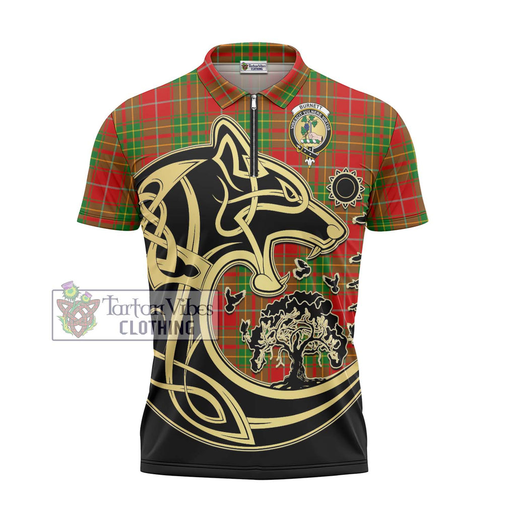 Burnett Tartan Zipper Polo Shirt with Family Crest Celtic Wolf Style - Tartanvibesclothing Shop