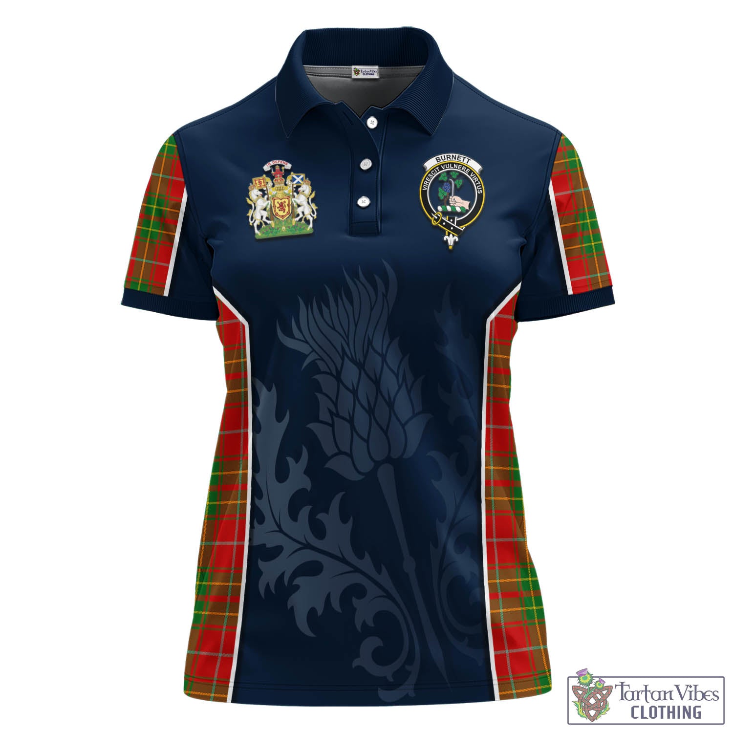 Tartan Vibes Clothing Burnett Ancient Tartan Women's Polo Shirt with Family Crest and Scottish Thistle Vibes Sport Style