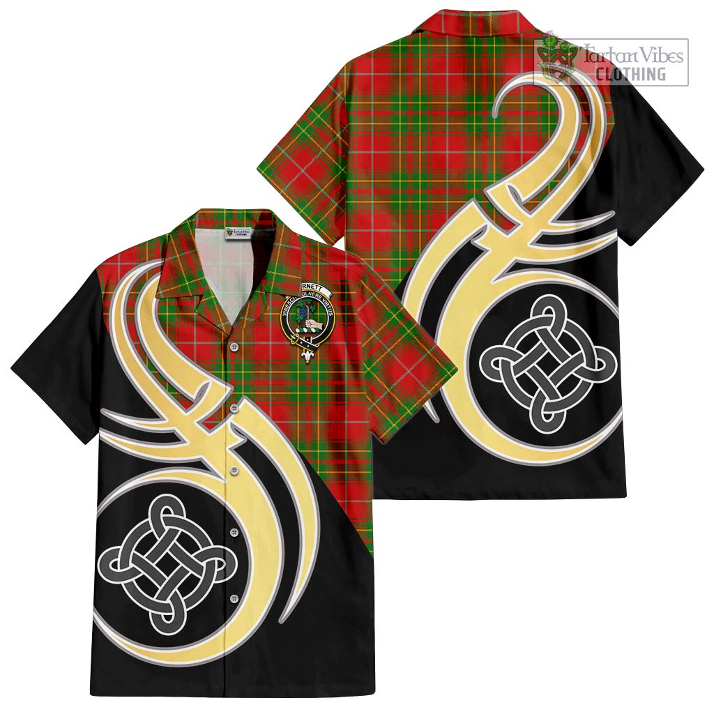 Burnett Tartan Short Sleeve Button Shirt with Family Crest and Celtic Symbol Style - Tartan Vibes Clothing