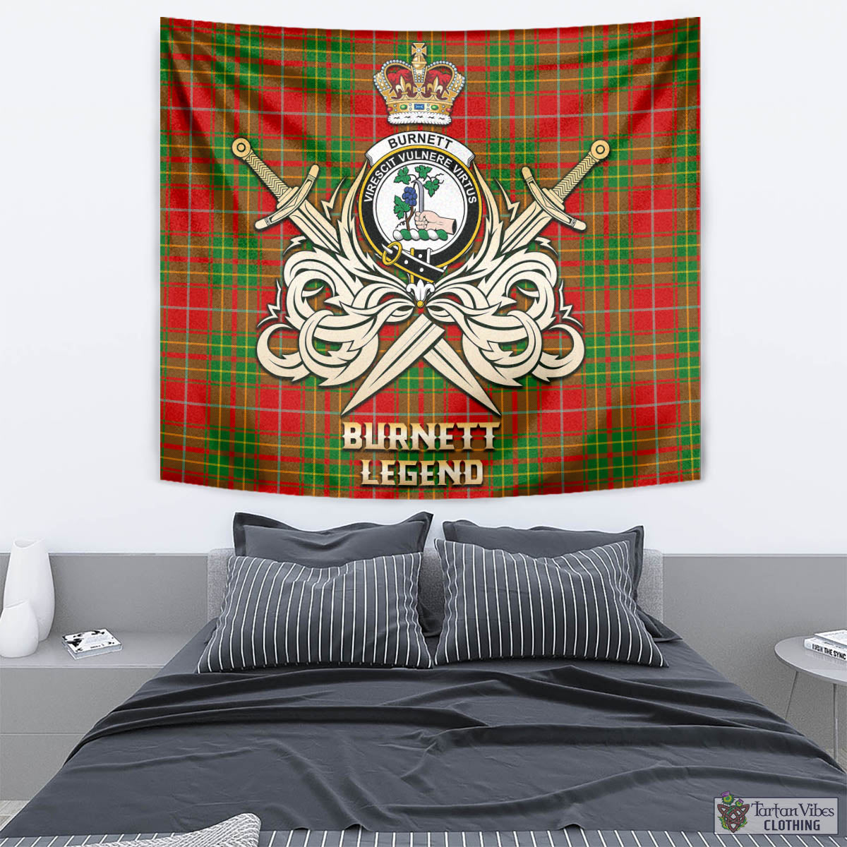 Tartan Vibes Clothing Burnett Ancient Tartan Tapestry with Clan Crest and the Golden Sword of Courageous Legacy