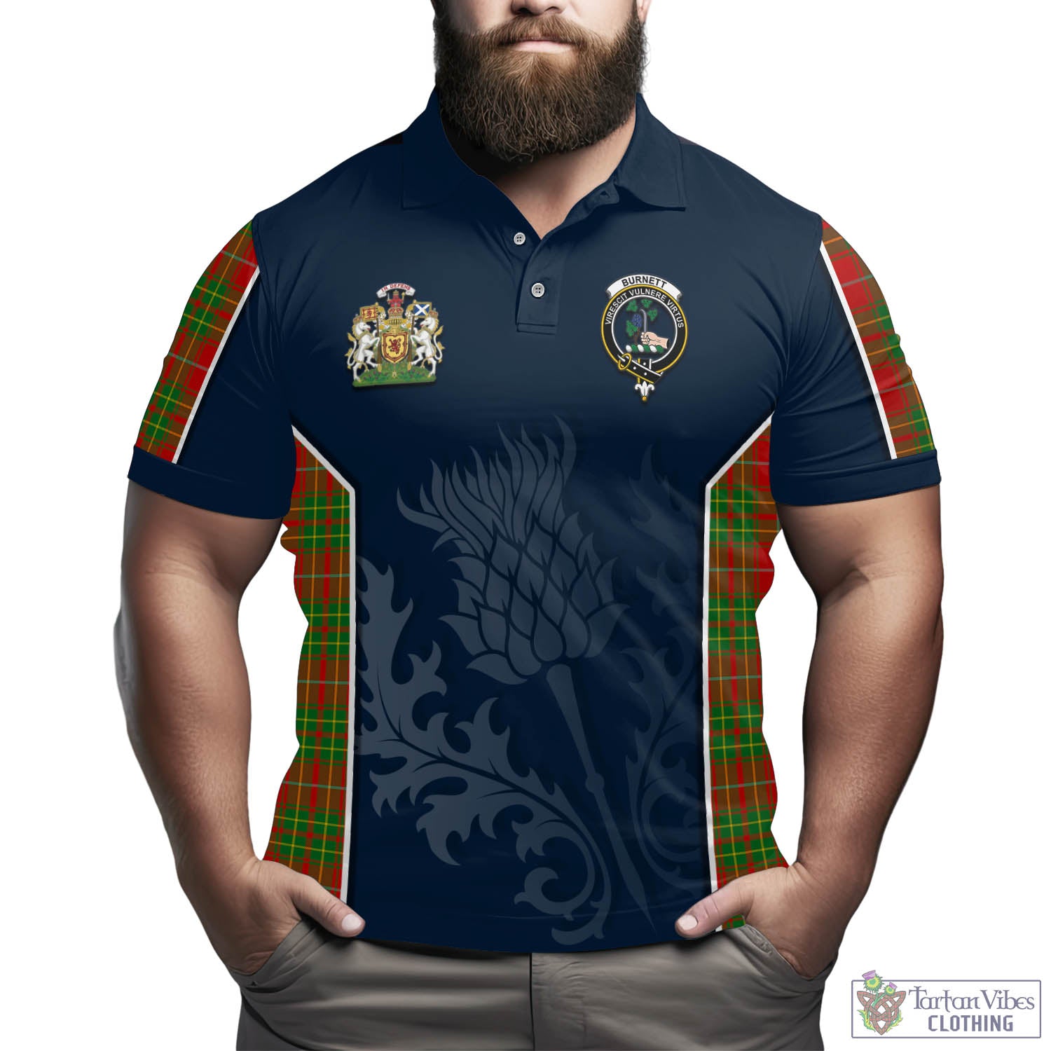 Tartan Vibes Clothing Burnett Ancient Tartan Men's Polo Shirt with Family Crest and Scottish Thistle Vibes Sport Style