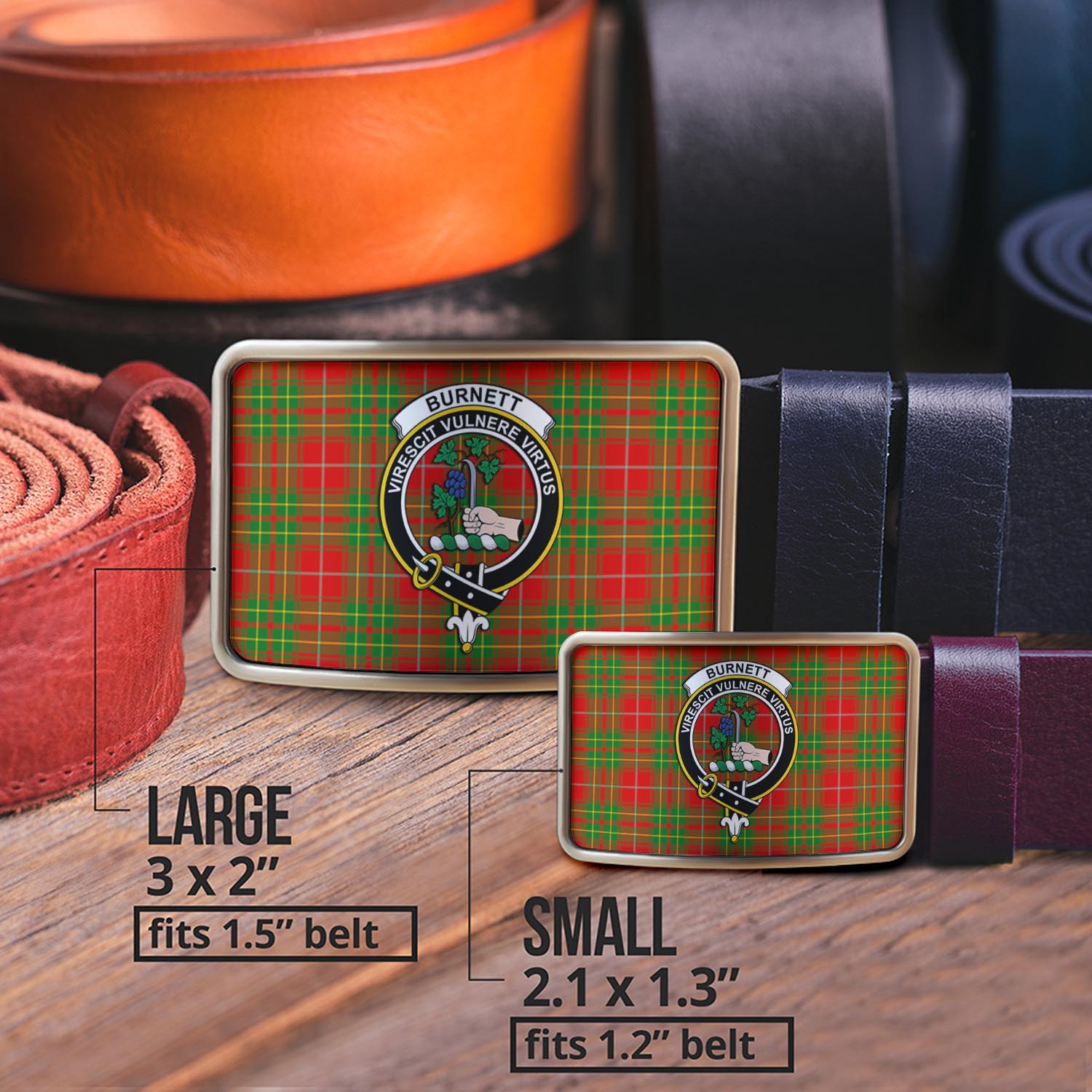 Burnett Tartan Belt Buckles with Family Crest - Tartan Vibes Clothing