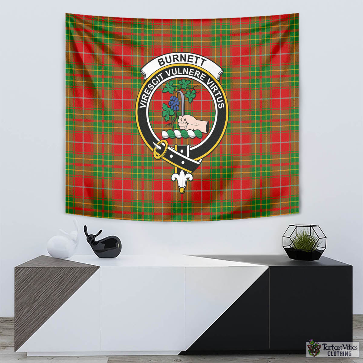 Tartan Vibes Clothing Burnett Ancient Tartan Tapestry Wall Hanging and Home Decor for Room with Family Crest