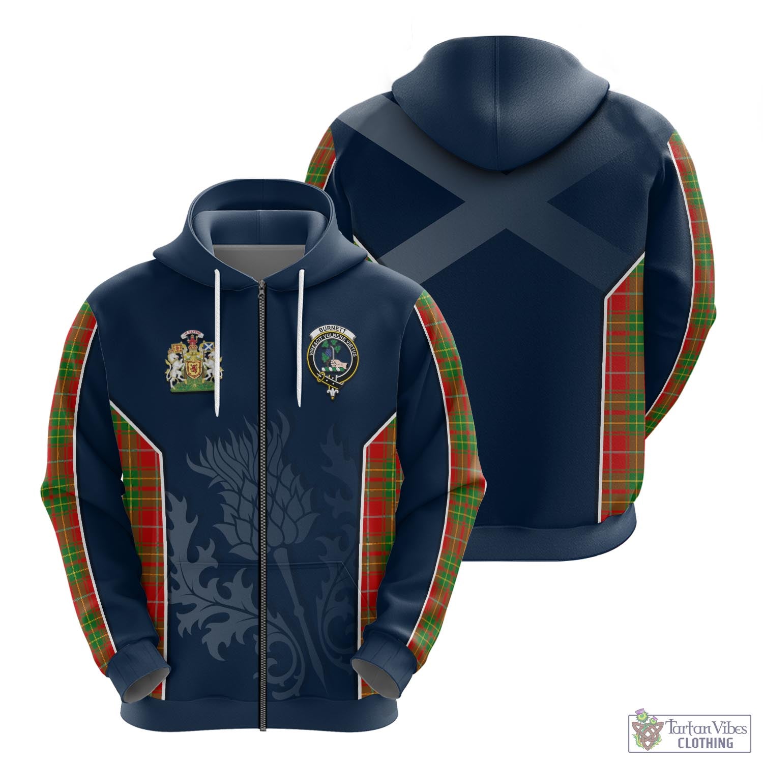 Tartan Vibes Clothing Burnett Ancient Tartan Hoodie with Family Crest and Scottish Thistle Vibes Sport Style