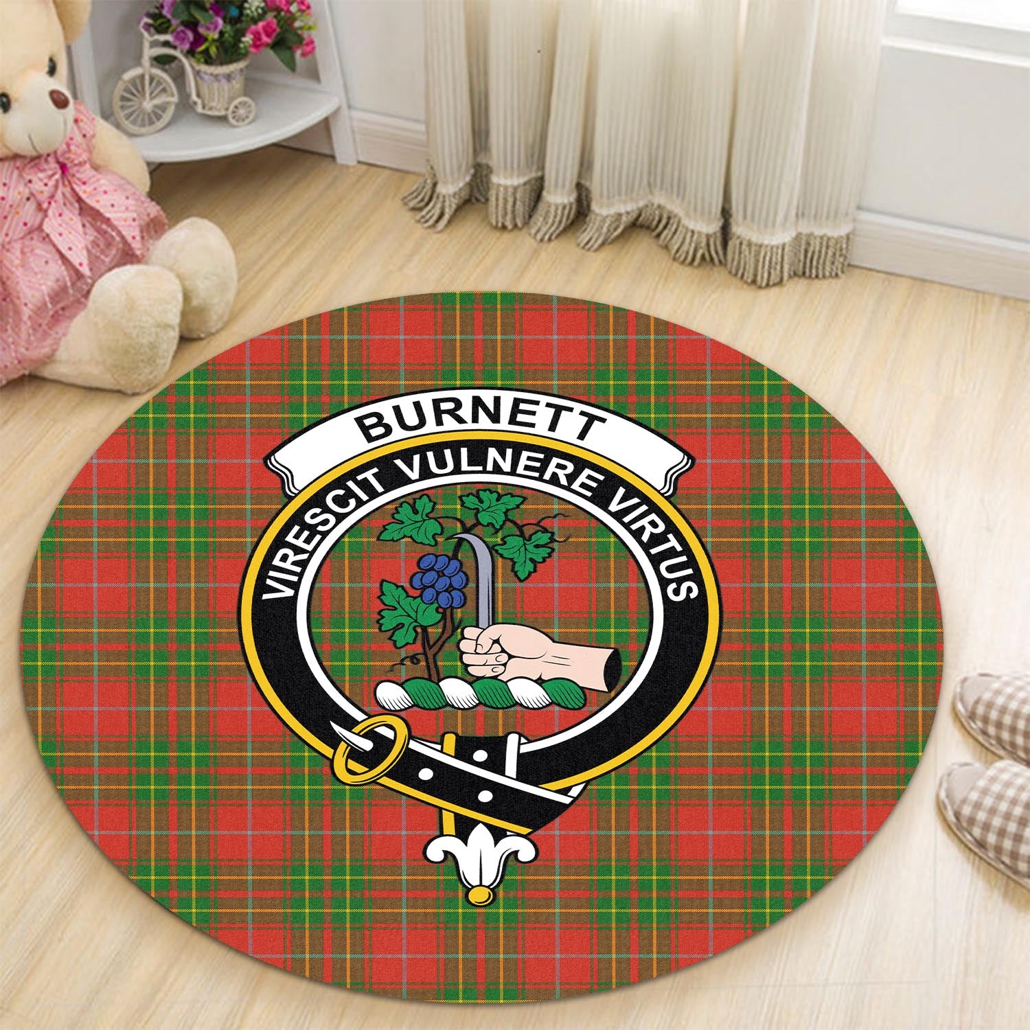 Burnett Ancient Tartan Round Rug with Family Crest - Tartanvibesclothing