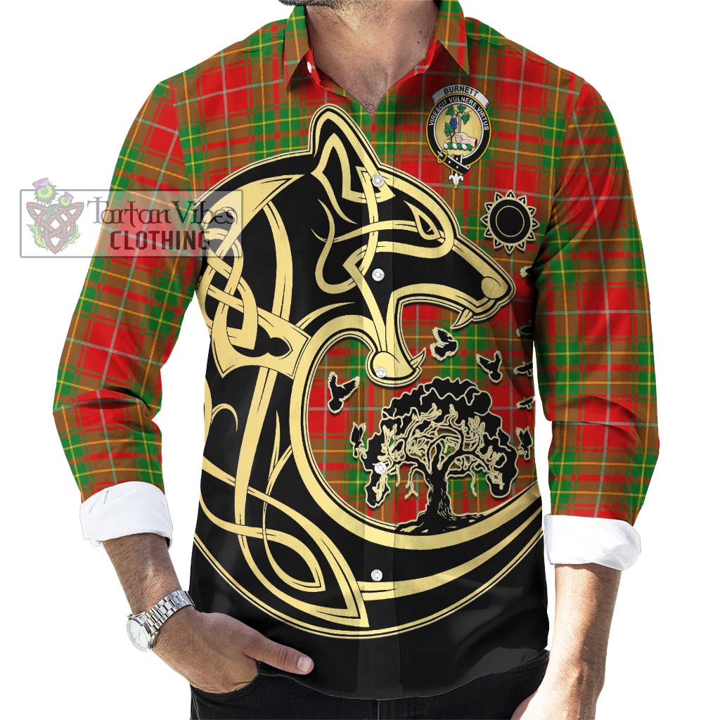 Tartan Vibes Clothing Burnett Ancient Tartan Long Sleeve Button Shirt with Family Crest Celtic Wolf Style