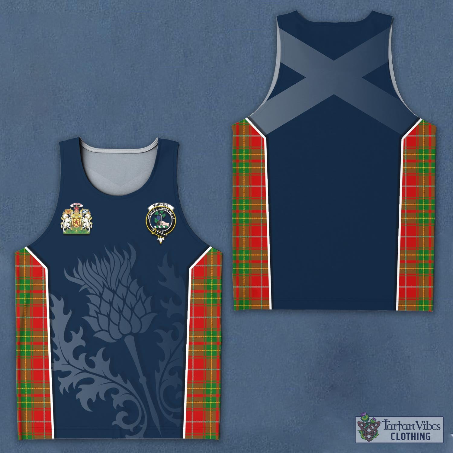 Tartan Vibes Clothing Burnett Ancient Tartan Men's Tanks Top with Family Crest and Scottish Thistle Vibes Sport Style