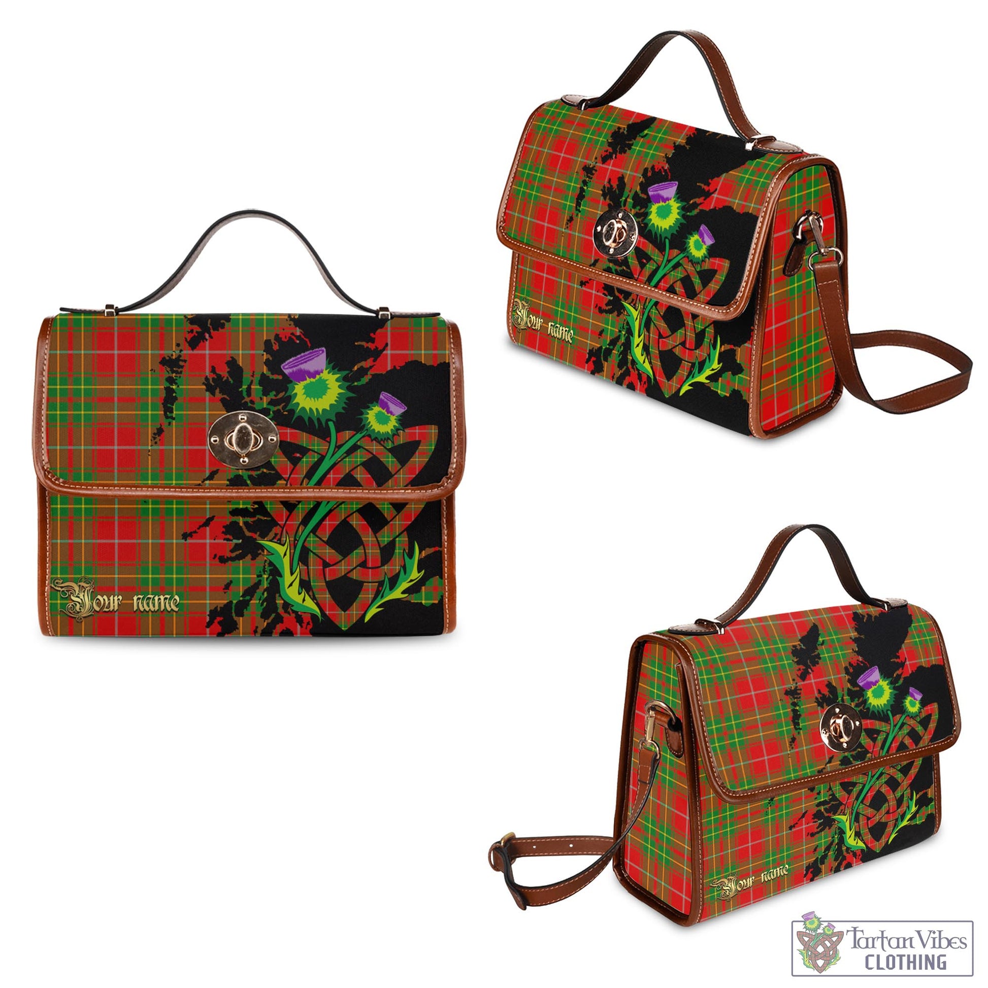 Tartan Vibes Clothing Burnett Ancient Tartan Waterproof Canvas Bag with Scotland Map and Thistle Celtic Accents