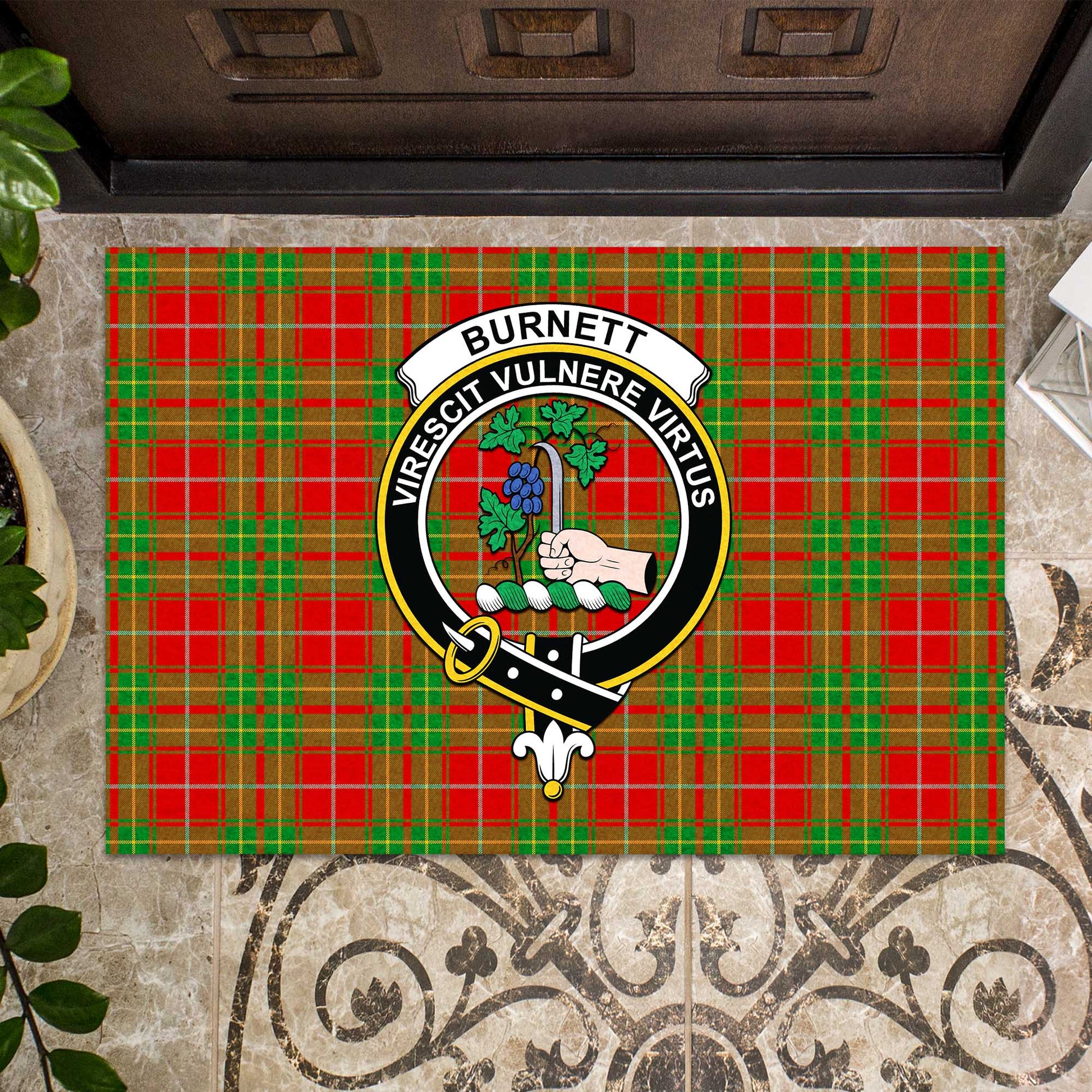 Burnett Ancient Tartan Door Mat with Family Crest - Tartanvibesclothing