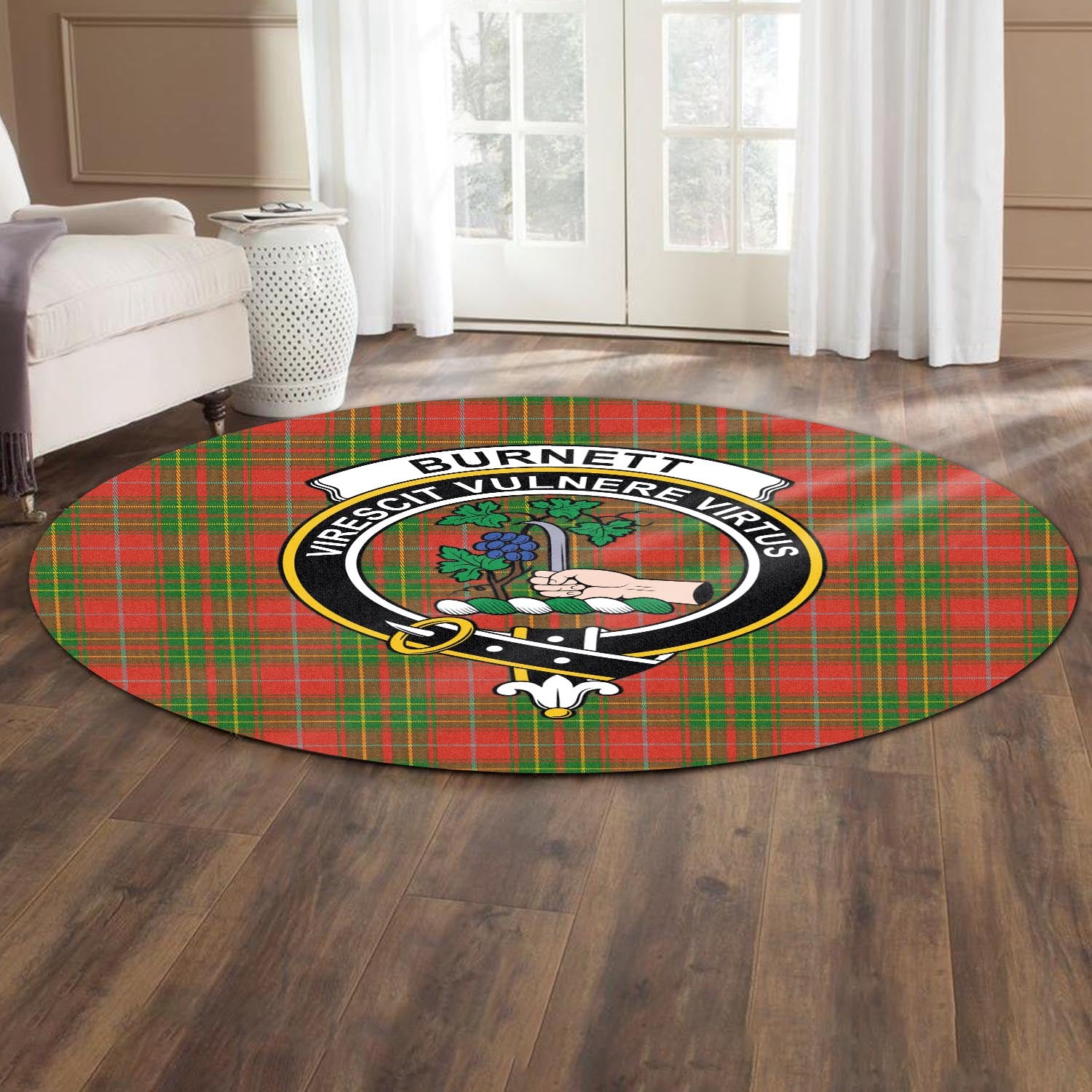 Burnett Ancient Tartan Round Rug with Family Crest - Tartanvibesclothing