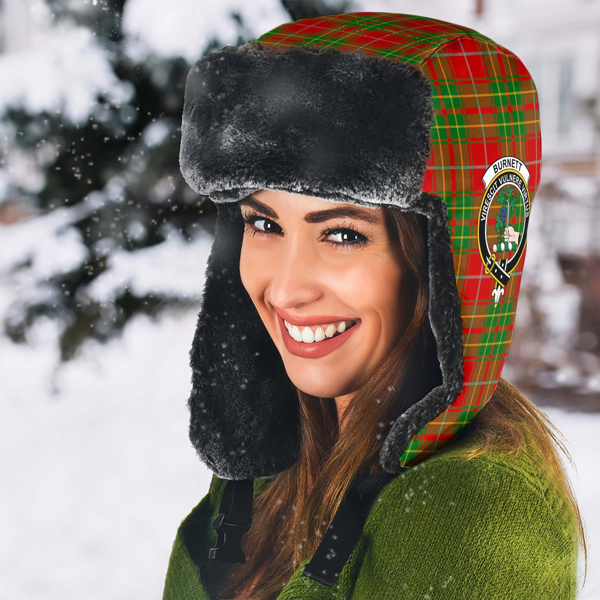 Burnett Ancient Tartan Winter Trapper Hat with Family Crest - Tartanvibesclothing