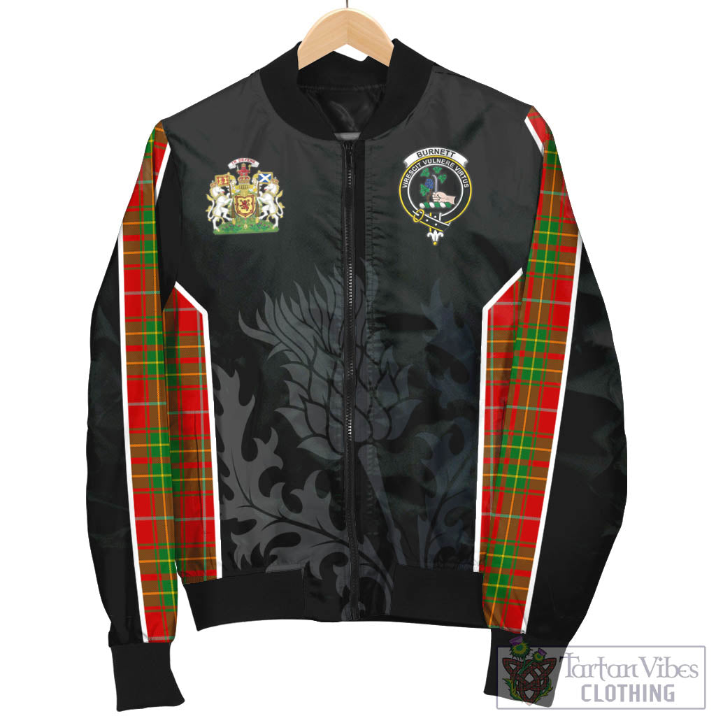 Tartan Vibes Clothing Burnett Ancient Tartan Bomber Jacket with Family Crest and Scottish Thistle Vibes Sport Style