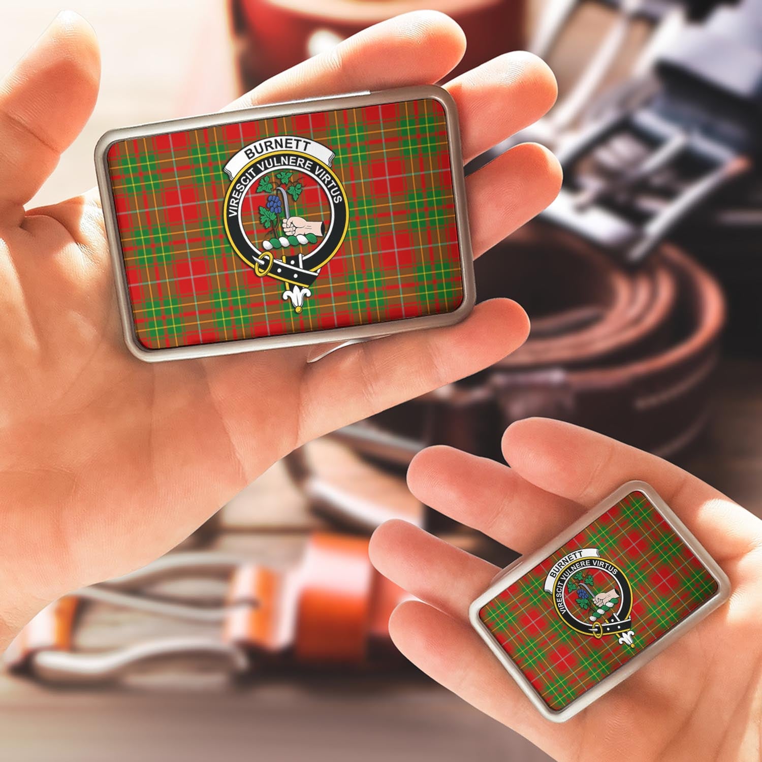 Burnett Tartan Belt Buckles with Family Crest - Tartan Vibes Clothing