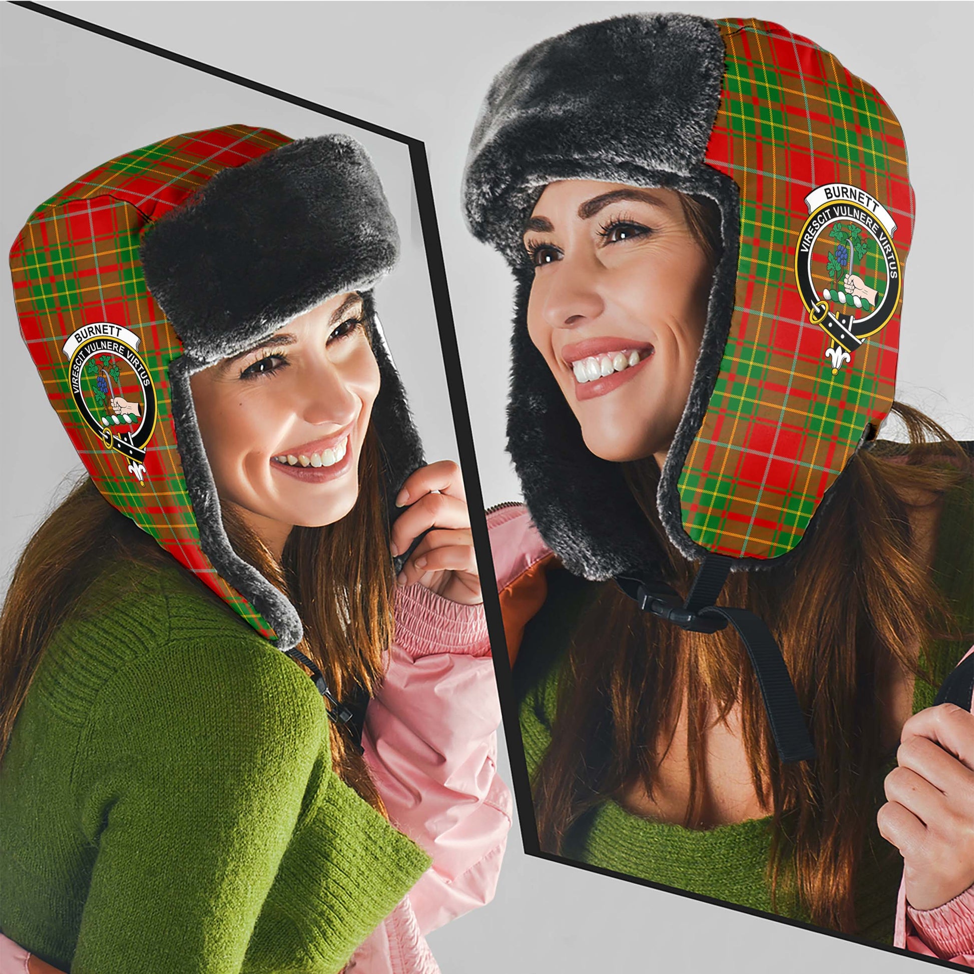 Burnett Ancient Tartan Winter Trapper Hat with Family Crest - Tartanvibesclothing