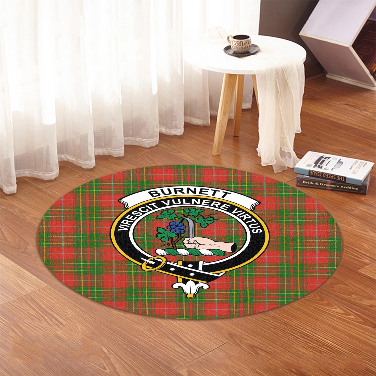 Burnett Ancient Tartan Round Rug with Family Crest - Tartanvibesclothing