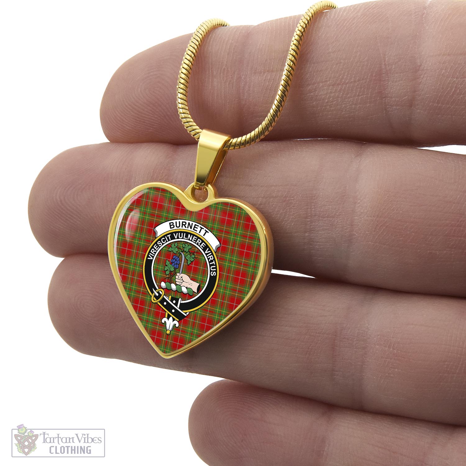 Tartan Vibes Clothing Burnett Ancient Tartan Heart Necklace with Family Crest