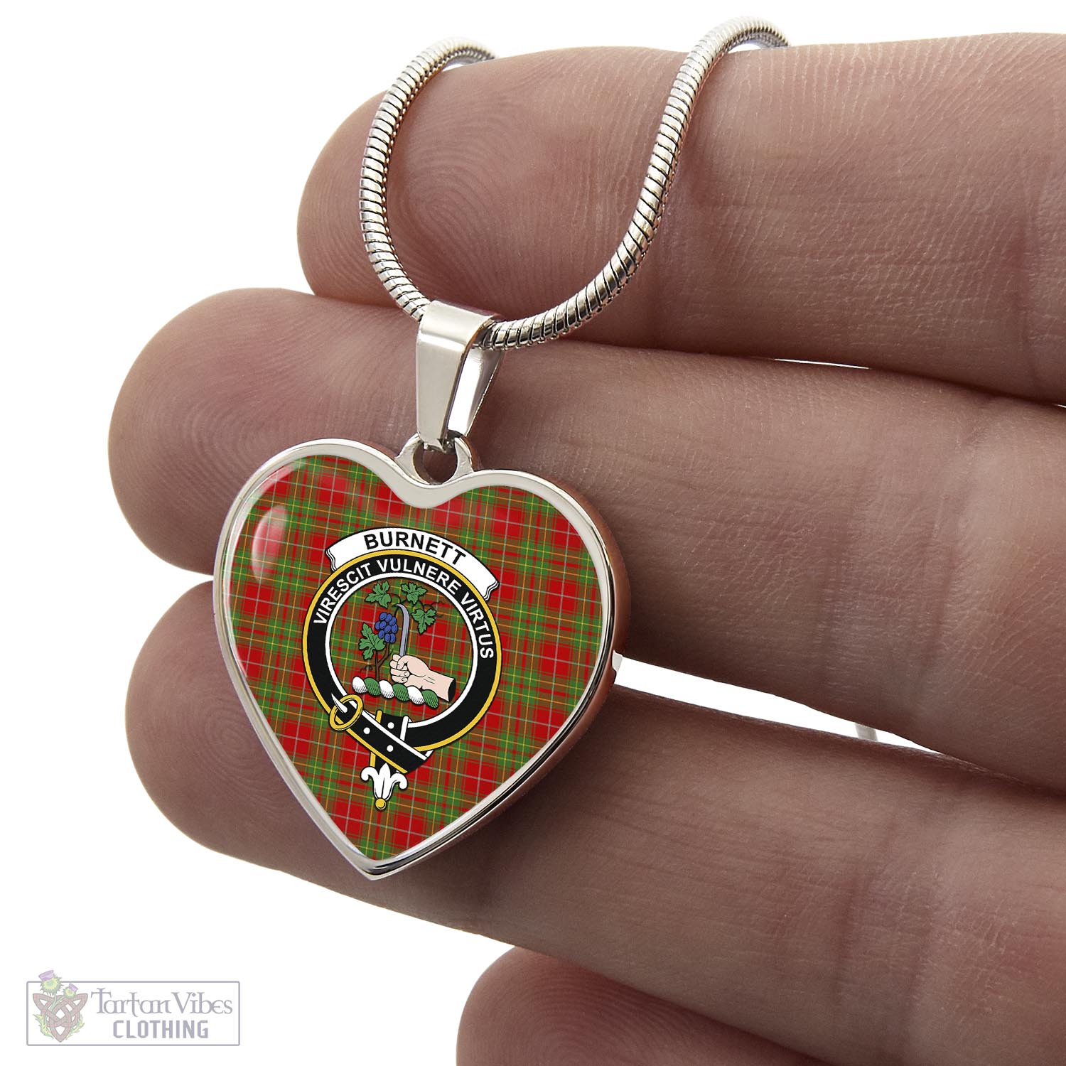 Tartan Vibes Clothing Burnett Ancient Tartan Heart Necklace with Family Crest