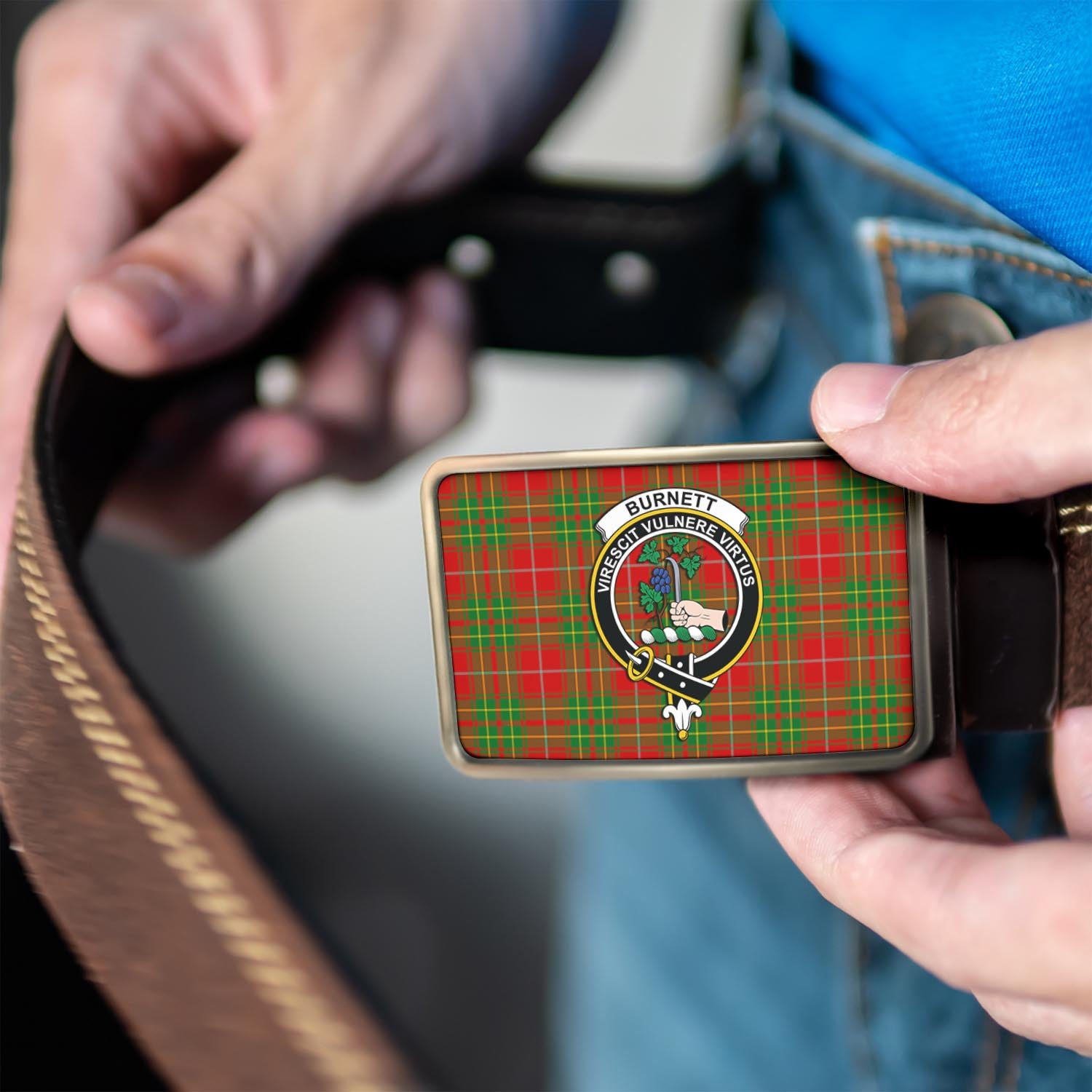 Burnett Tartan Belt Buckles with Family Crest - Tartan Vibes Clothing