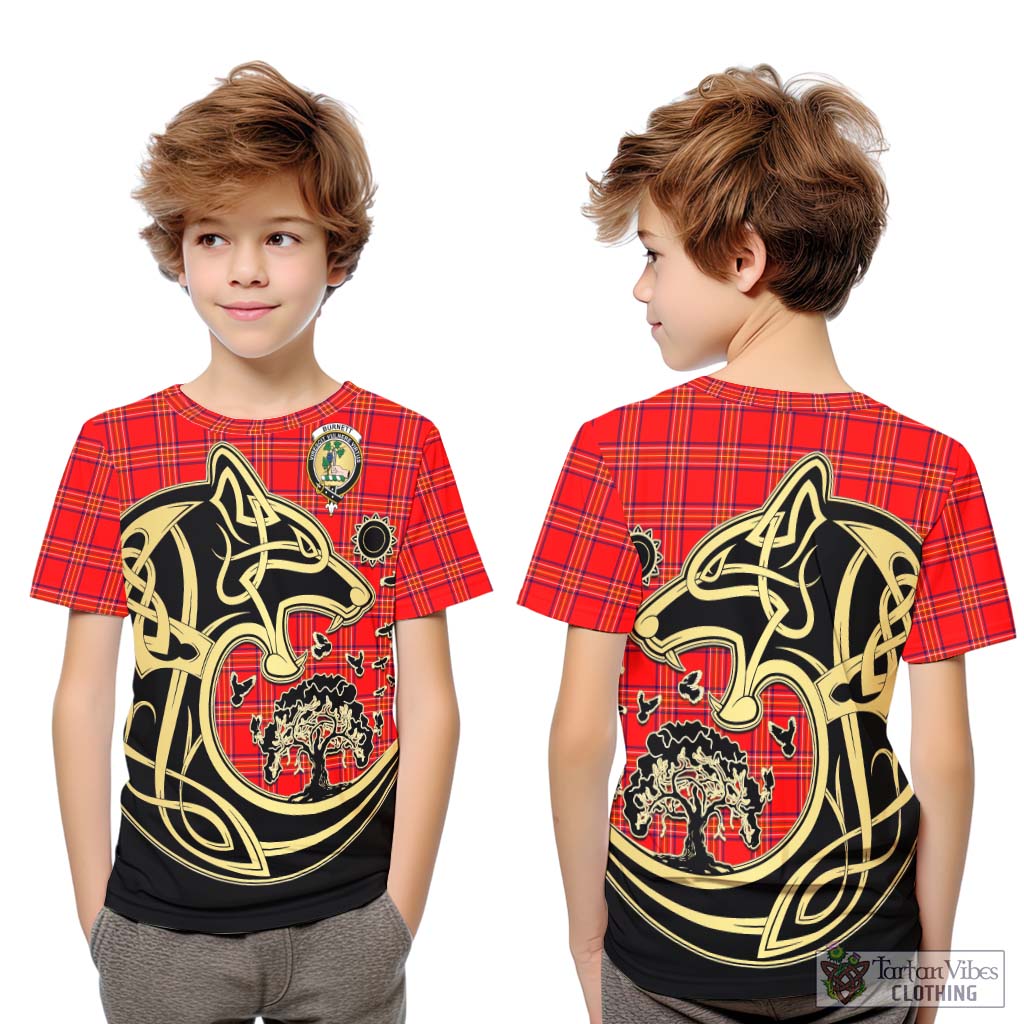 Tartan Vibes Clothing Burnett Modern Tartan Kid T-Shirt with Family Crest Celtic Wolf Style