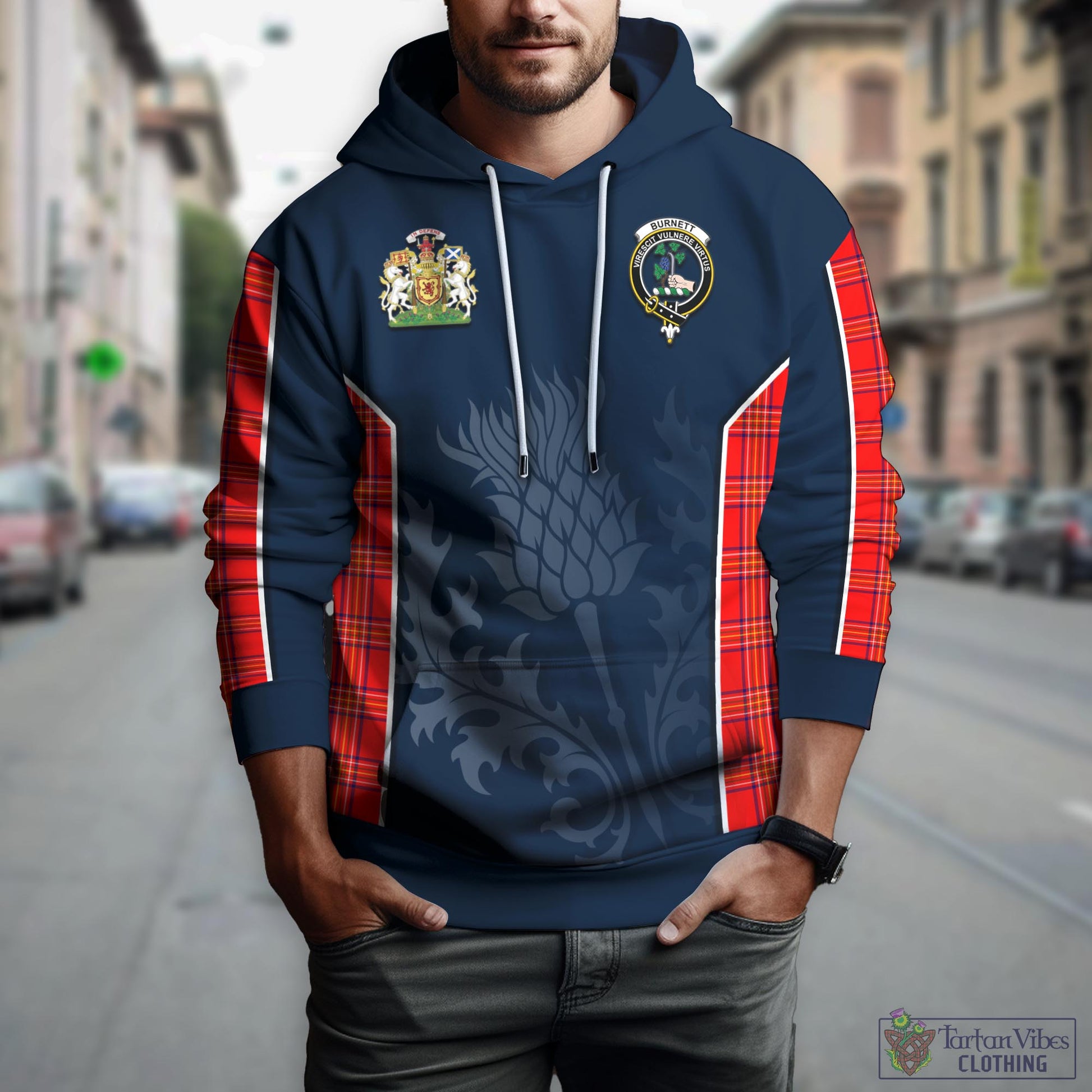 Tartan Vibes Clothing Burnett Modern Tartan Hoodie with Family Crest and Scottish Thistle Vibes Sport Style